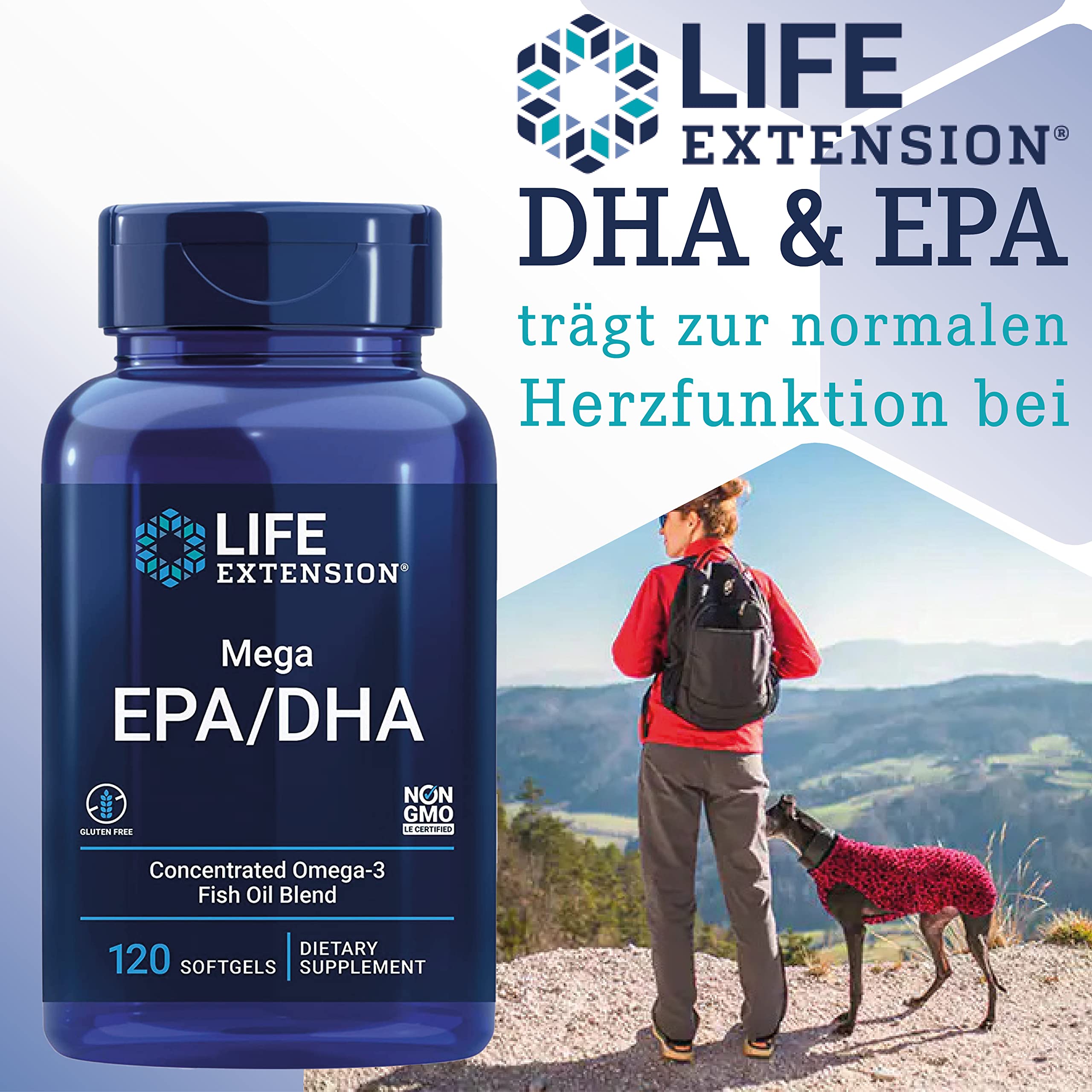 Life Extension, Mega EPA/DHA, 120 glutenfreie Softgels, 2000mg Fischöl-Konzentrat, davon 720mg EPA & 480mg DHA & 2,7mg Vitamin E je Dosis, Sojafrei, GMO frei, Geschmacksneutral