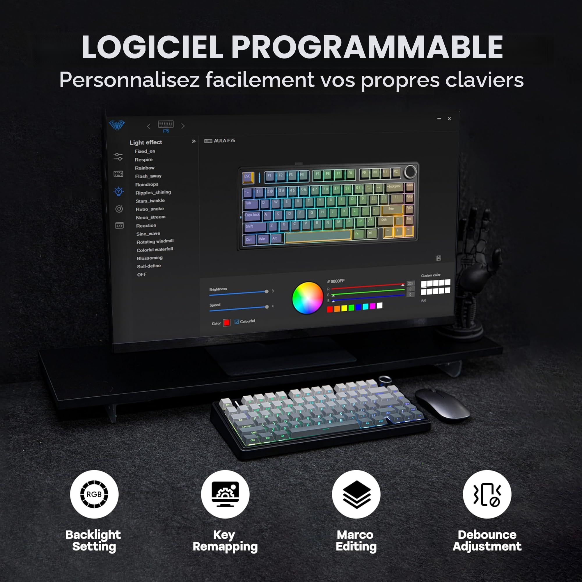 MechLands Aula F75 PRO 75% Custom Creamy Clavier de jeu mécanique sans fil, BT5.0/USB-C/2,4 GHz, structure gasket, bouton RVB, switches Reaper pour Win/Mac (dégradé de noir)