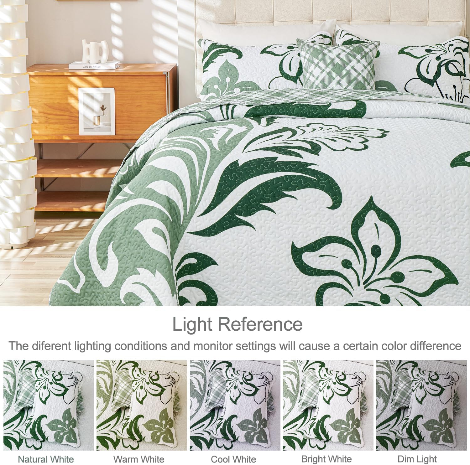 EVENHUG 4 Piece Floral Quilt Set Queen Size Green Floral Bedding Set Reversible Bedspread Coverlet Lightweight Soft Bed Cover with 3 Pillow Shams for All Season (Queen, 92"X96") - Image 5