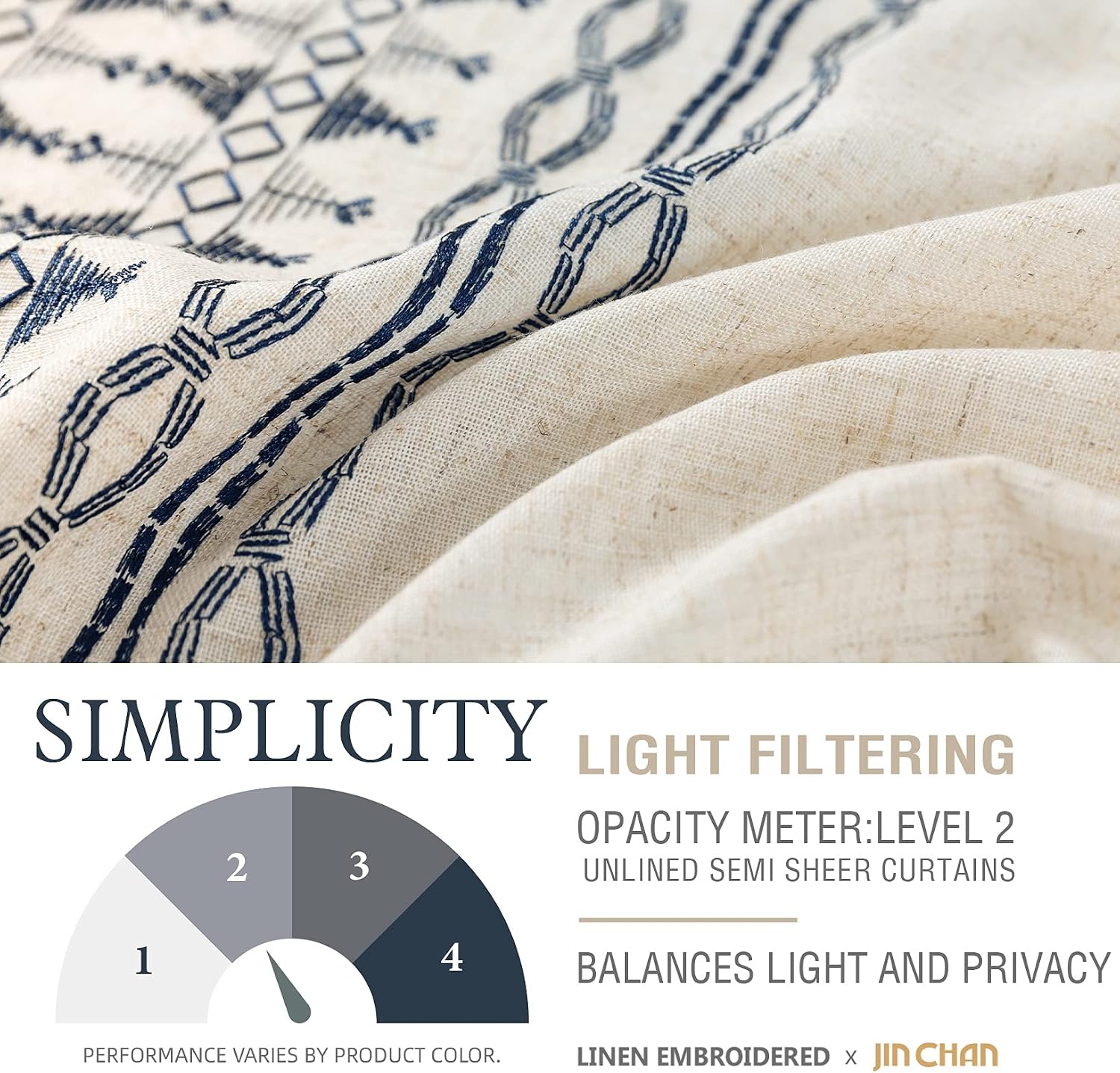 jinchan Boho Curtains for Bedroom Linen Window Curtains Embroidered Bordered Drapes for Living Room 96 Inch Length 2 Panels Bohemian Light Filtering Grommet Window Treatment Blue on Beige