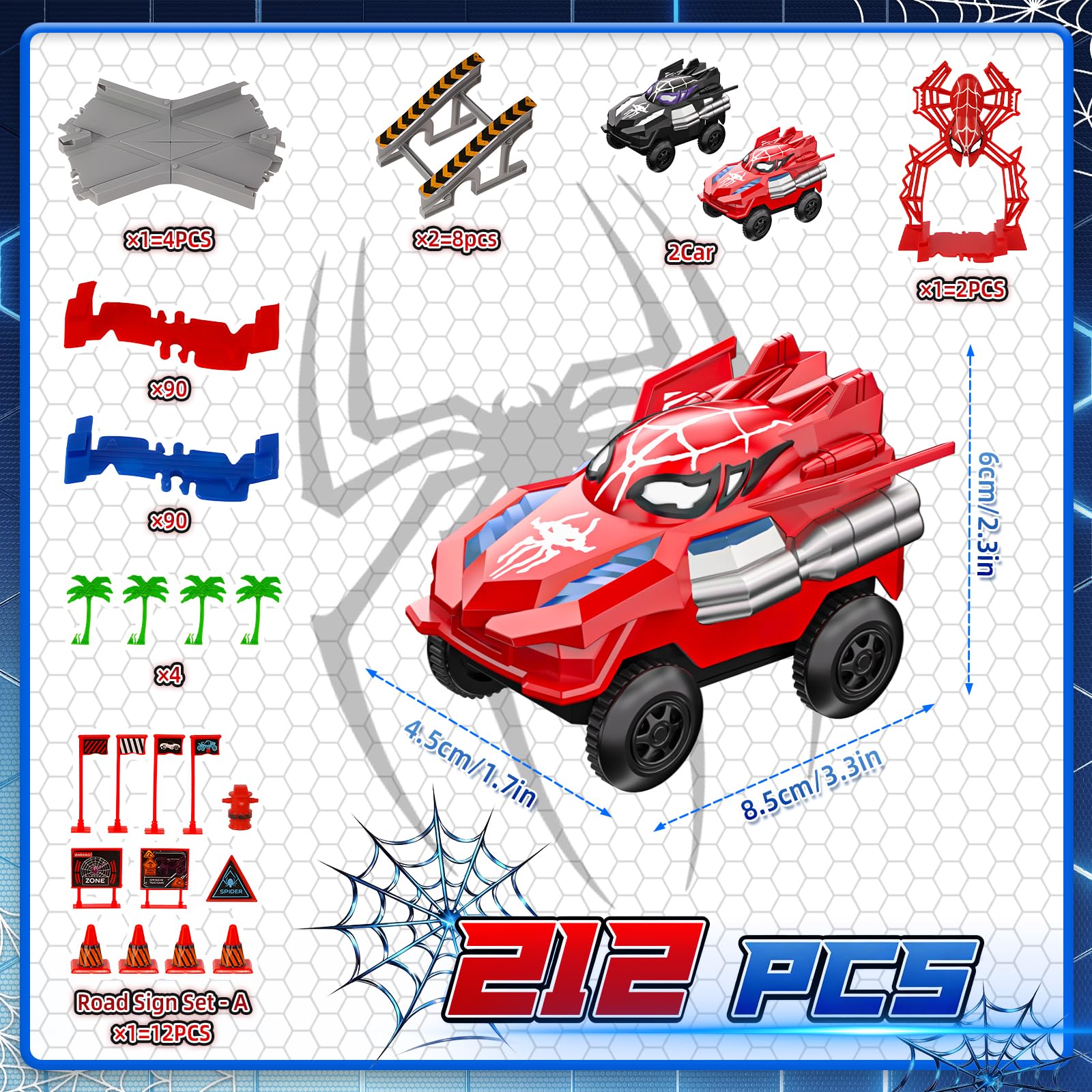 Kssvzz Spider Pista Macchinine 2 3 4 5 6 Anni Bambino, Flessibile Giocattolo Pista Auto Elettriche, Regalo Compleanno Natale Giochi per Bambini 2-8 Anni (212 Pezzi)