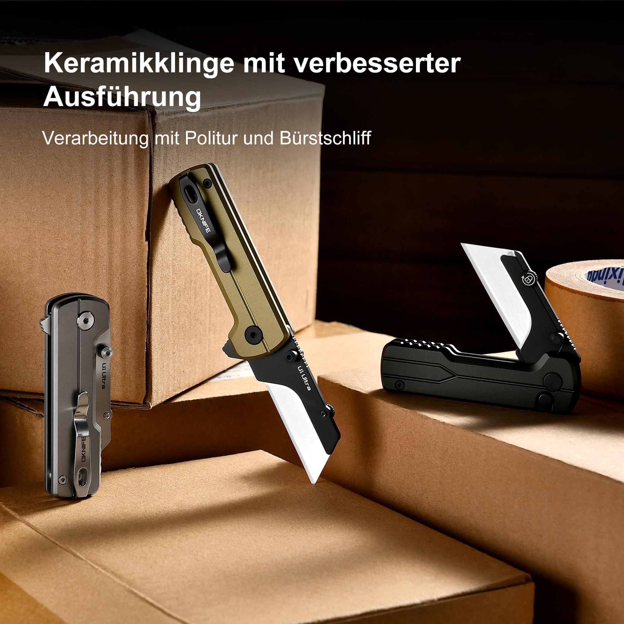 OKNIFE U1 Ultra Titanium EDC Taschenklappmesser Keramikklinge Boxcutter | Leichter Griff mit Knopfsperre & praktischem Taschenclip, kompakter EDC Cutter für Alltag,Taschenmesser
