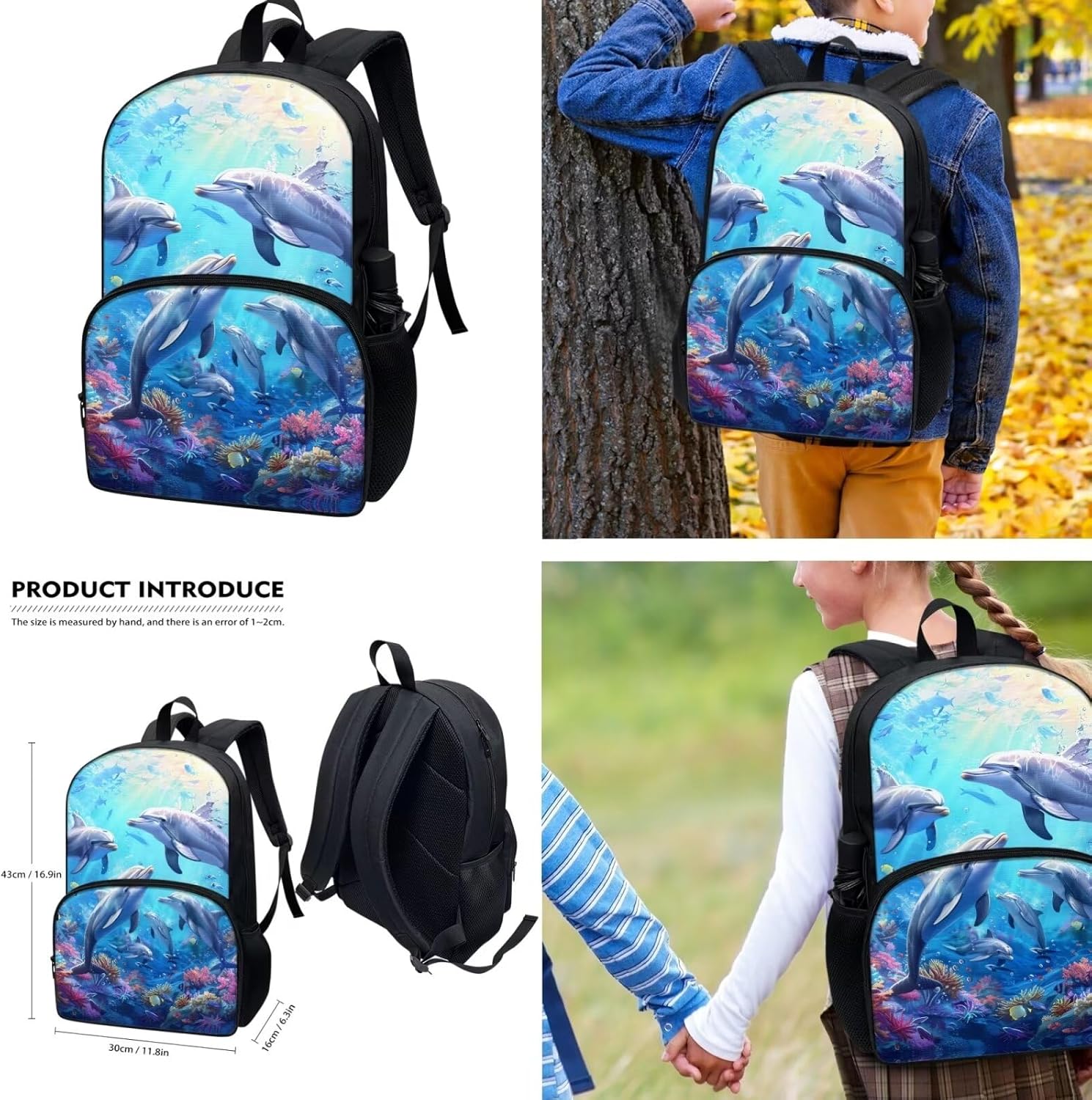 Dolphin Backpack for Girls 10-12 With Lunch Box Kids School Bags Middle School Bookbag Insulated Lunch Bag Pencil Case Set 3 In 1 Casual Daypack 17inch Laptop Backpacks Blue