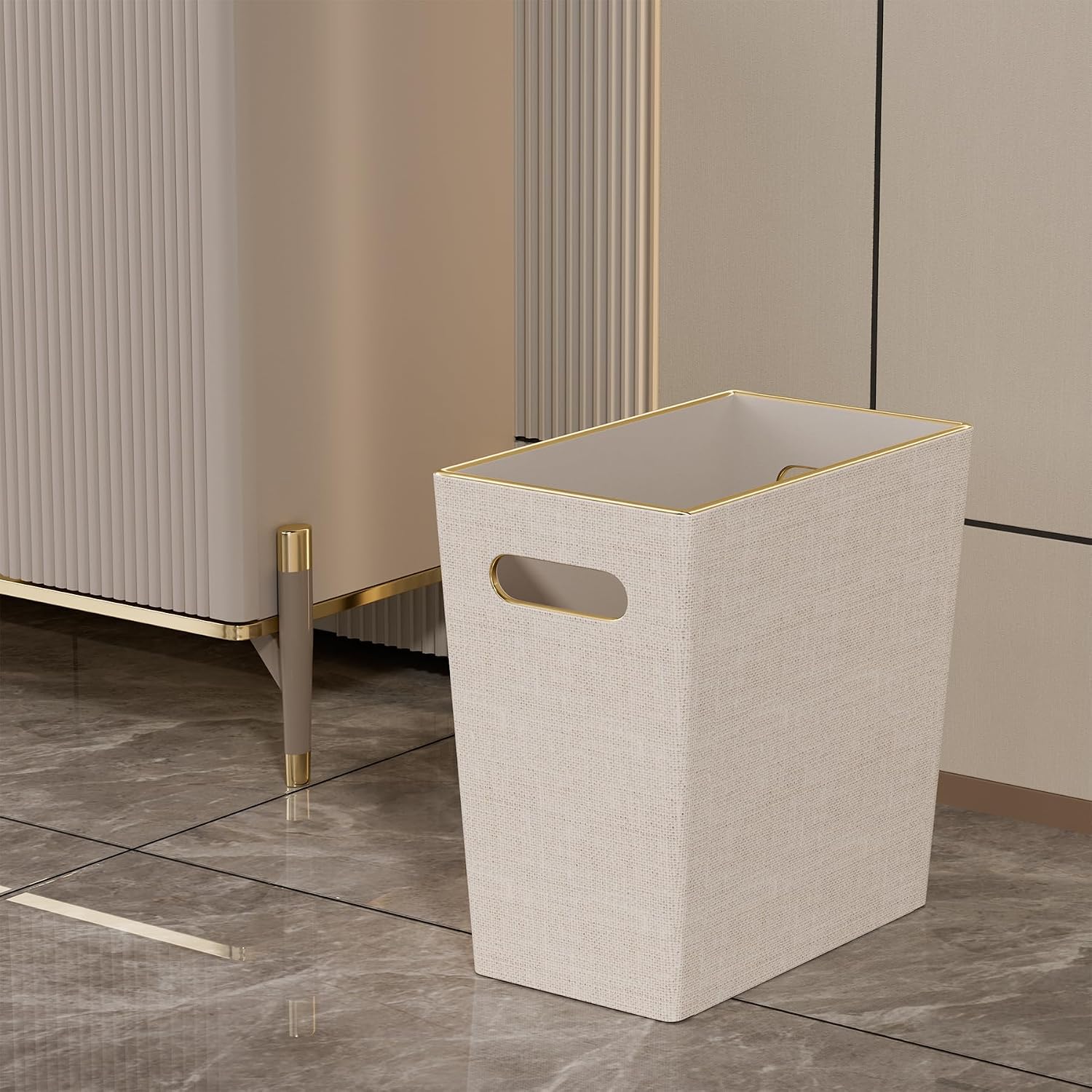 Beige White Trash Can Waste basket,3/4 Gallon Office Pu Leather Wastebasket with Gold-Tone Edging Decoration for Bathroom, Garbage Cans for Toilet Bedroom Living Room, Office home modern decor