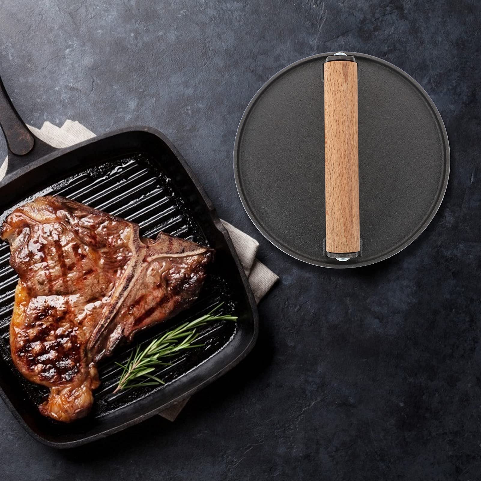 BERTY·PUYI Prensa de Carne de Acero Prensa de Parrilla Prensa de Hamburguesa de Barbacoa Trituradora con Mango de Madera Patty Maker Placa para Exprimir filetes Accesorios de Cocina