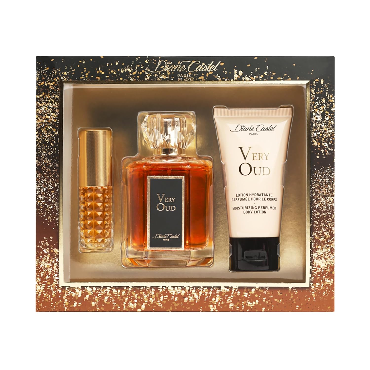 Very Oud Gift Set - Woody Amber Fragrance - Perfume for Women and Body Lotion - Notes of Vanilla, Raspberry, Rose, Lychee, Leather - 3 pc
