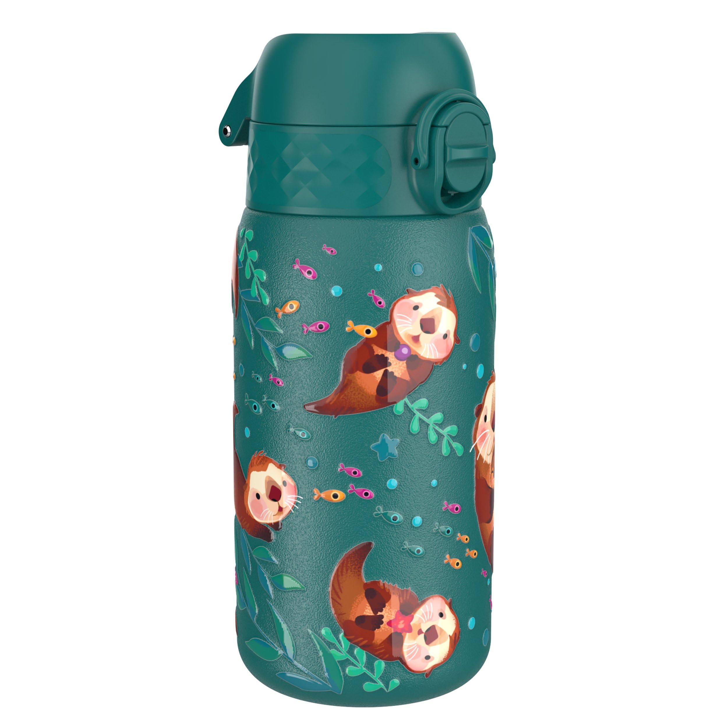 ION8 Kinder Trinkflasche, Edelstahl Leicht 400ml, Nicht Isoliert, Auslaufsicher, Einhandöffnung, Sichere Verriegelung, Spülmaschinenfest, Klappdeckel, Tragegriff, Leicht zu Reinigen, Otter,