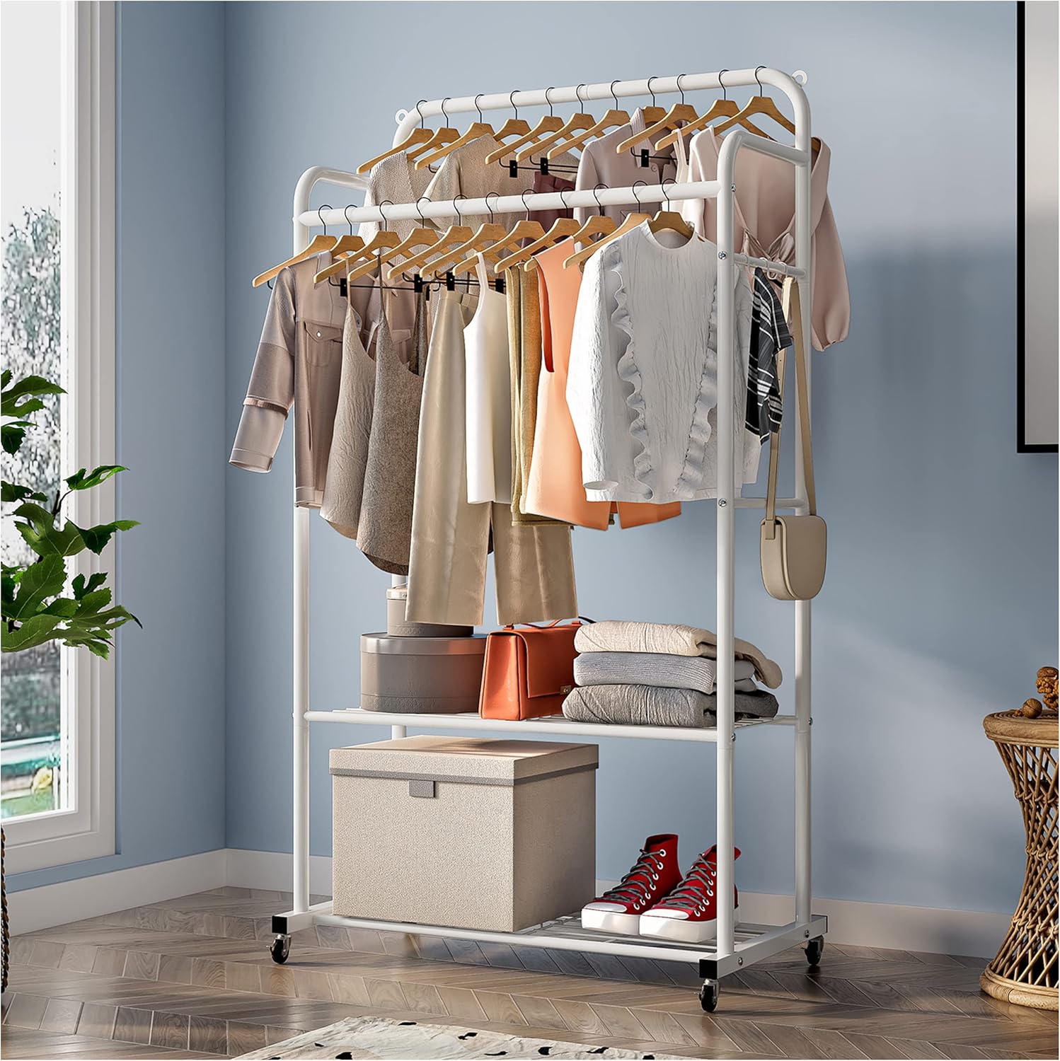 FTEYUET Clothes Rail on Wheels, Clothing Rails Double Coat Racks