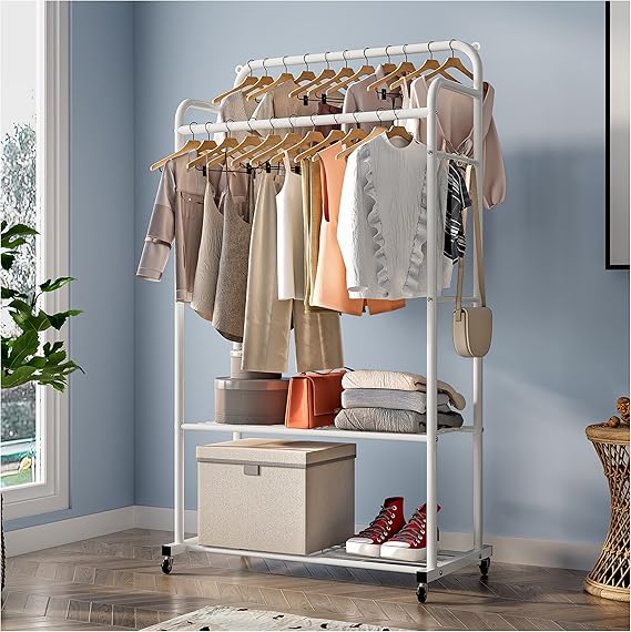 FTEYUET Clothes Rail on Wheels, Clothing Rails Double Coat Racks