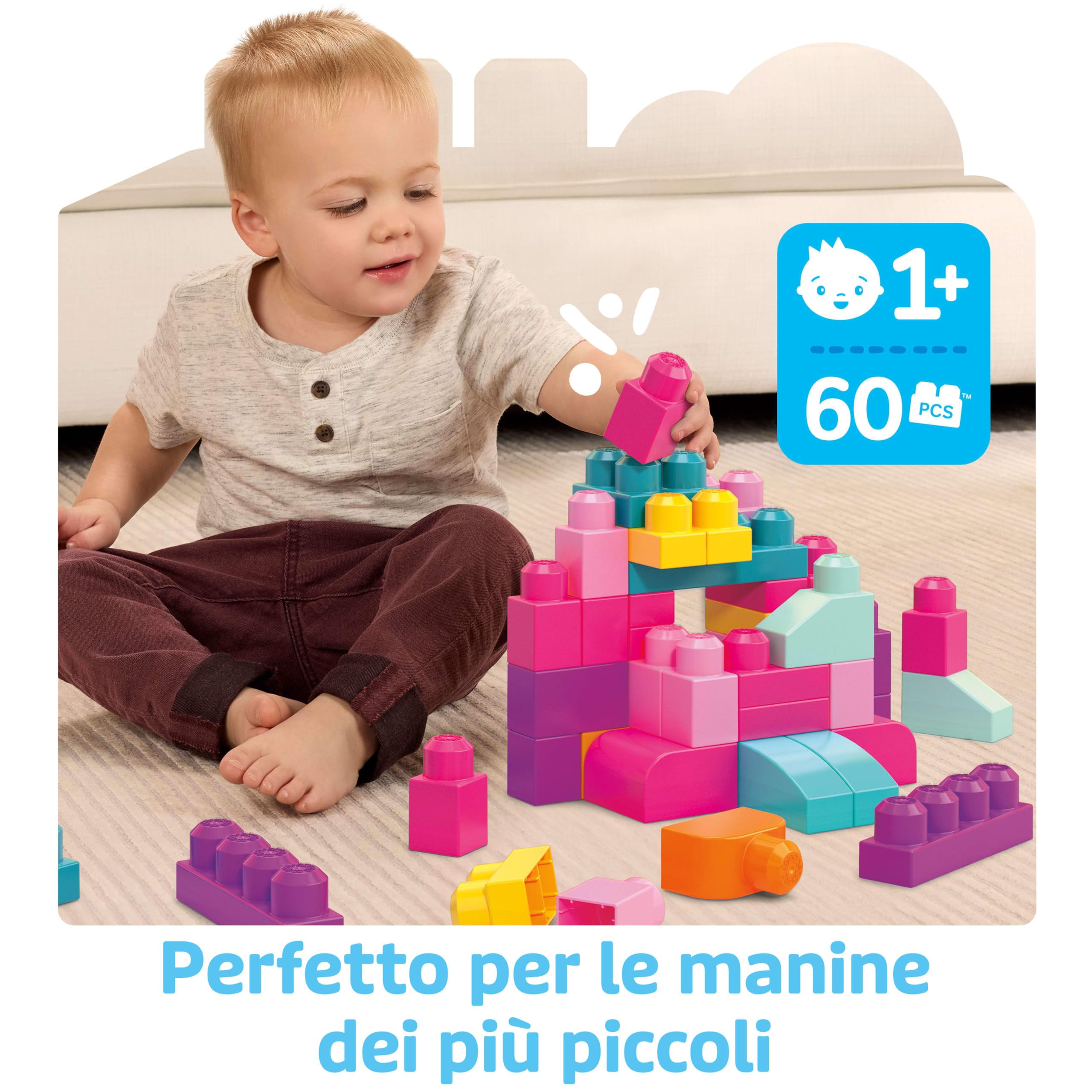 MEGA BLOKS Grande Borsa da Set da costruzione con 60 grandi mattoncini colorati e 1 custodia, set regalo giocattolo per bambini da 1 anno in su. DCH54
