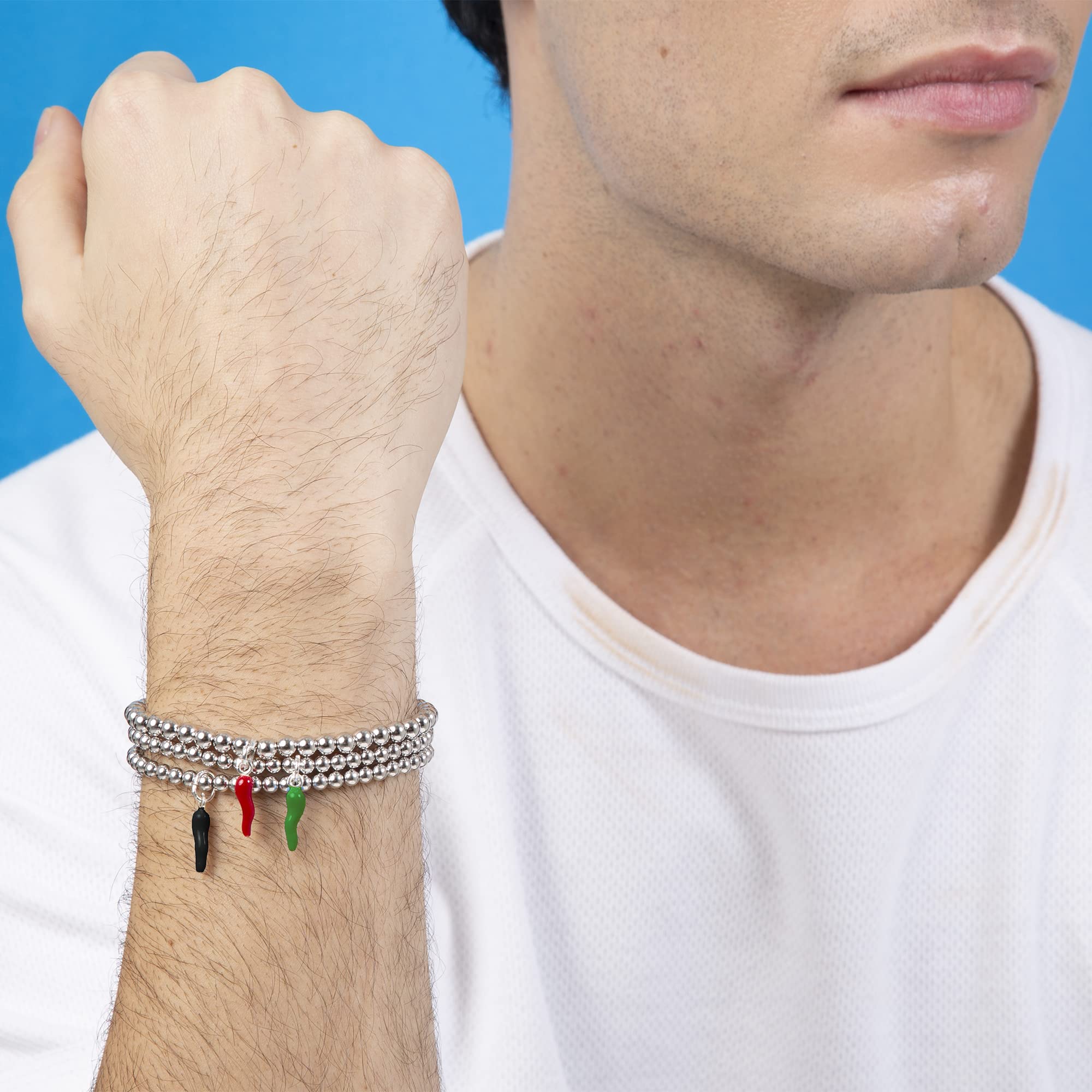 inSCINTILLE Corni Bracciale Donna Acciaio Inossidabile con Corno Peperoncino Portafortuna, Braccialetto Uomo Sfere in Acciaio Inossidabile