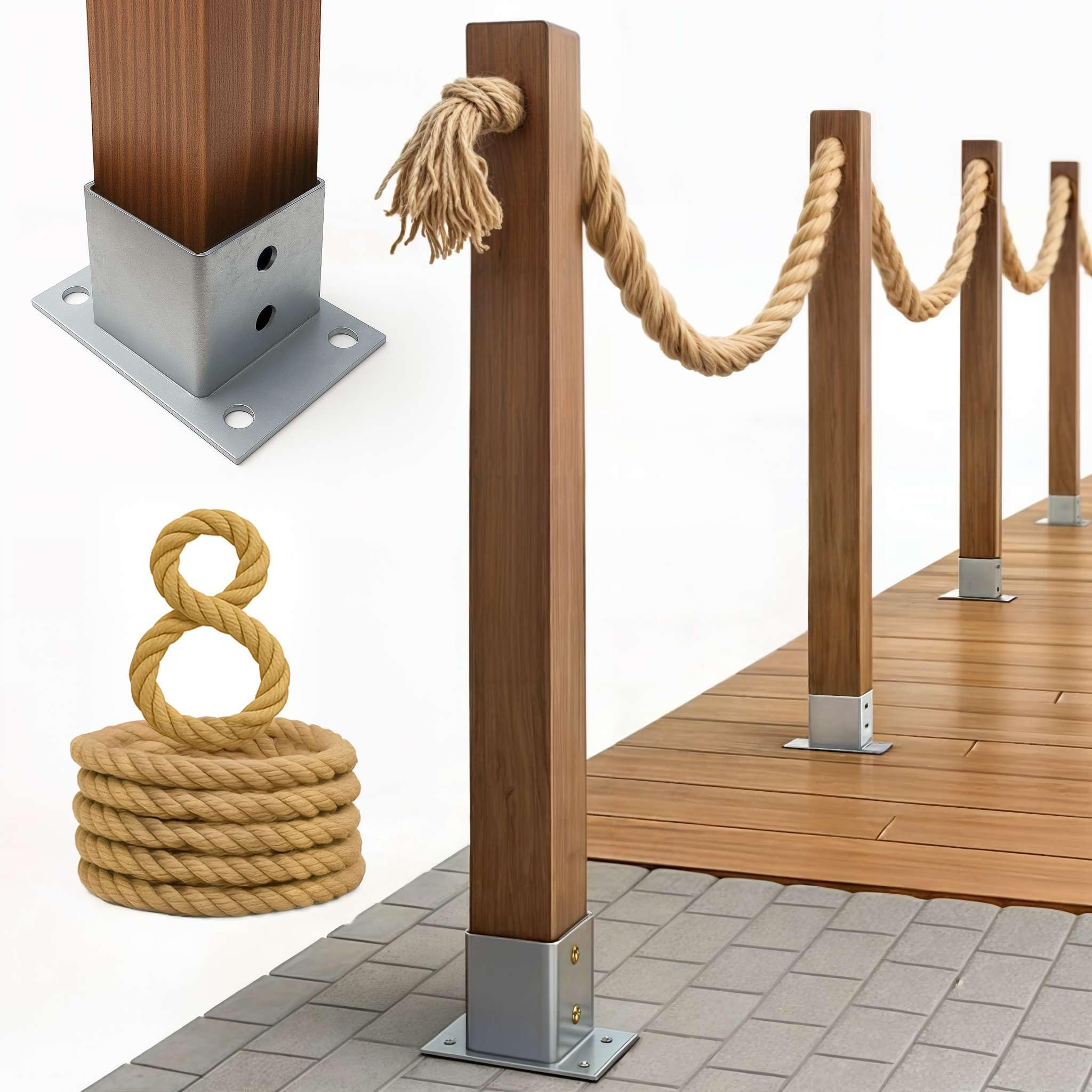 BOGATECO Panel de valla de madera con cuerda de yute, valla de vela, 8 m, 13 longitudes diferentes, kit de montaje que incluye funda de base con placa de enchufe