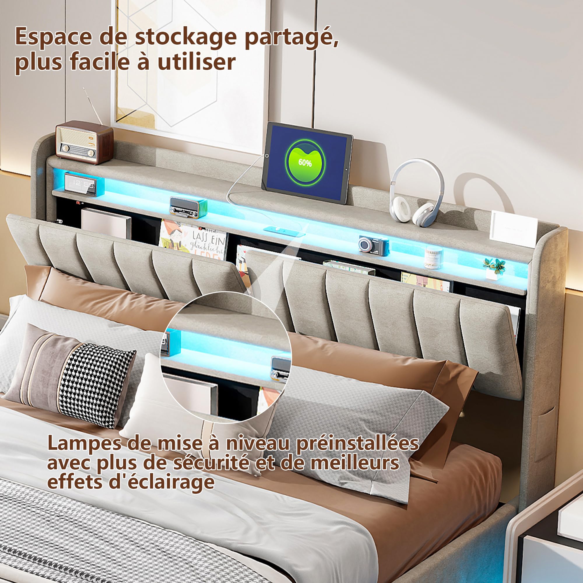 Lit Coffre 160 x 200 cm,avec Éclairage LED et Port USB,Lit Double Rembourré avec Rangement et Tete de lit,pour Adultes et Adolescents,Velours (Gris A, 160 x 200 cm)