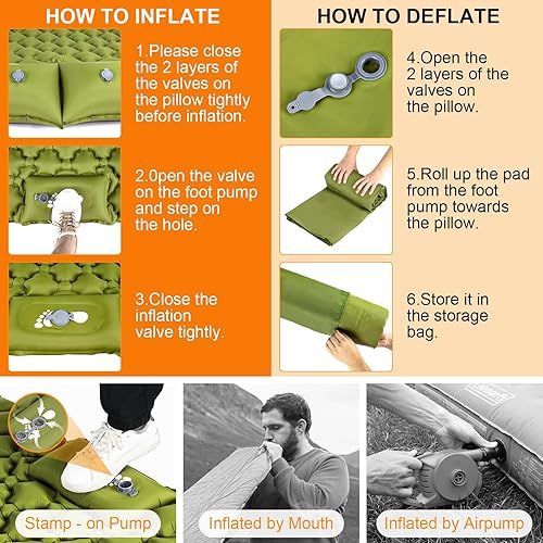 Miniatura 6 de Colchoneta de dormir doble, ultraligera de 4 pulgadas, extra gruesa, autoinflable, para 2 personas con almohada, bomba de pie incorporada,