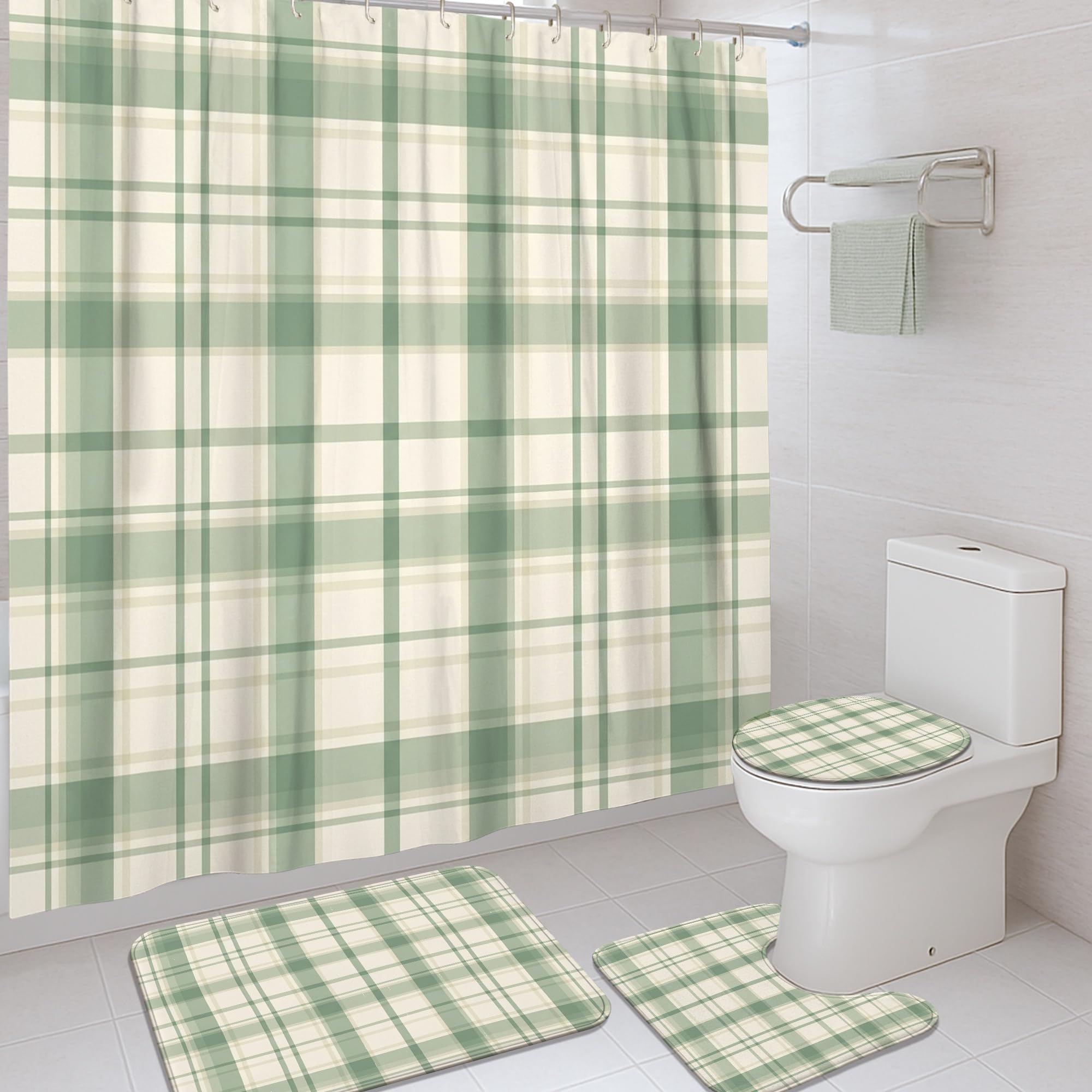 Rideau de douche vert et tapis de bain à carreaux 183x183 cm