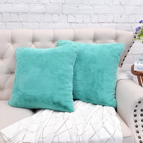Miniatura 72 de Juego de 2 fundas de almohada de piel sintética de conejo de 20 x 20 pulgadas, fundas de almohada cuadradas decorativas de felpa peludas acogedoras