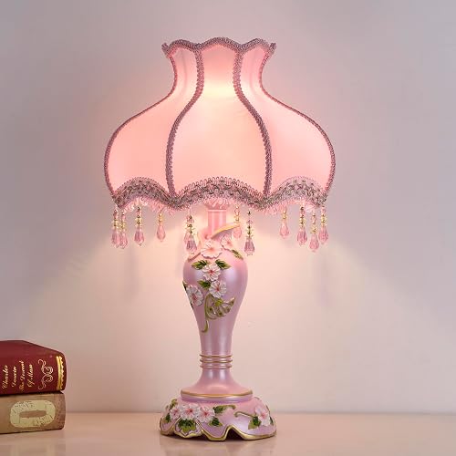 Aeyee Cute Table Lamp with Fabric Lampshade, Antique Flower Decorative Bedside Desk Nightstand Lamp, Handmade Night Light for Bedroom Living Room (Pink)