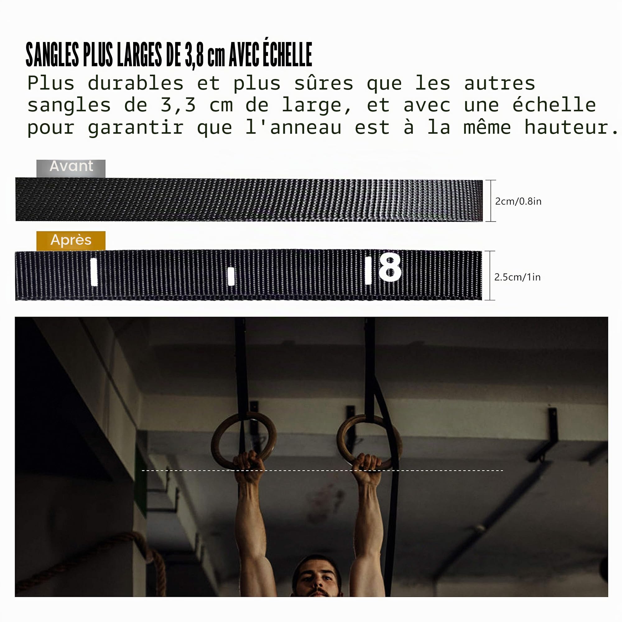 CCLIFE Anneaux Gymnastique en Bois, Réglables Exercice Fitness Anneaux en Bois 28 mm, avec 2* Bandes en Nylon 4.5m,Athletic Gym Rings pour Gym Domicile Bureau