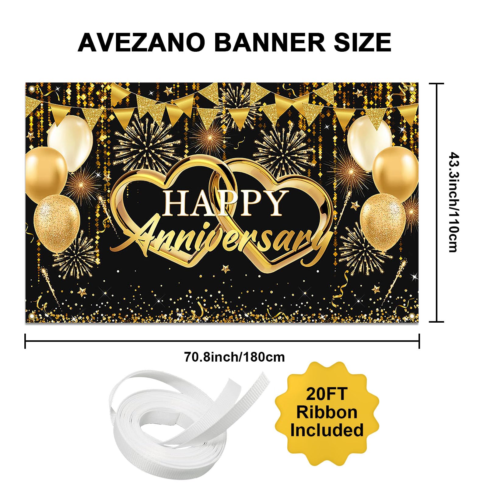 Avezano Happy Anniversary Banner Black and Gold Happy Anniversary Decorations for Valentine's Day Wedding Anniversary Party Anniversary Photo Booth Backdrop Supplies 70.8x43.3inch