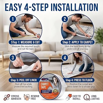 ETERART Heavy Duty Double Sided Carpet Tape - Fiberglass Reinforced, Residue-Free Rug Tape for Hardwood Floors & Tile - Hand Tearable, Anti-Slip Safety for Kids & Pets (2 x 10 Yards, White)