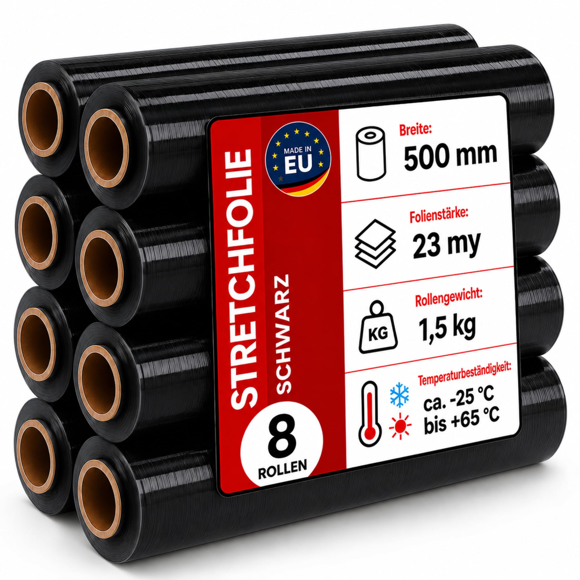 Film elástico negro – 8 rollos de película envolvente de 1,5 kg 500 mm 23