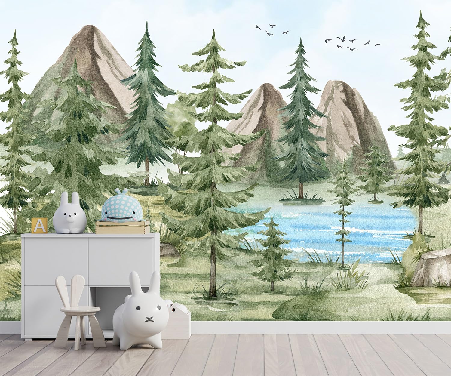 Papier peint aquarelle vert pin forêt grand format 254 x 165 cm