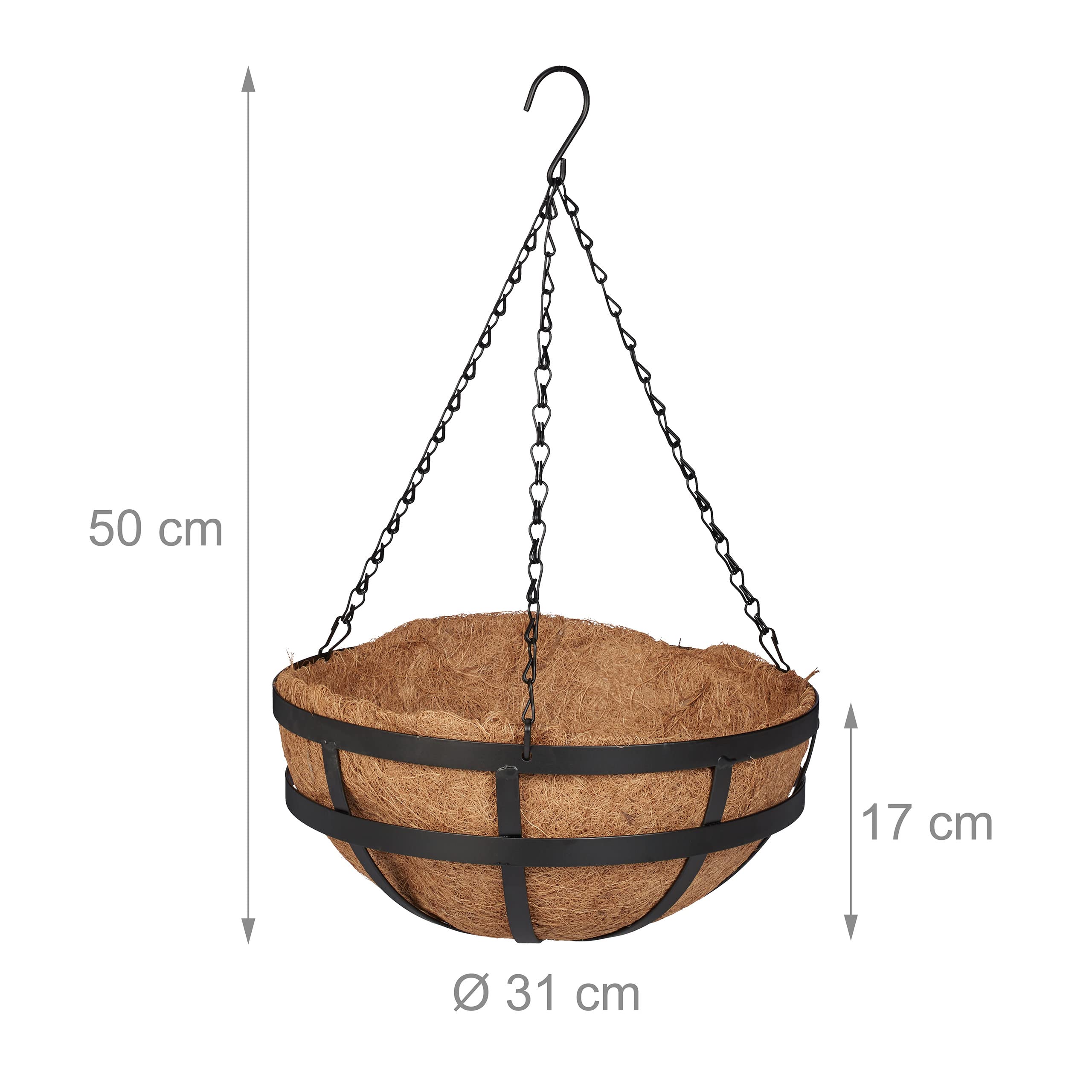Relaxdays Vasi Sospesi per Piante, Set 3 Portavasi in Fibra di Cocco e Ferro, HD 50x31 cm, Indoor&Outdoor, Nero Naturale