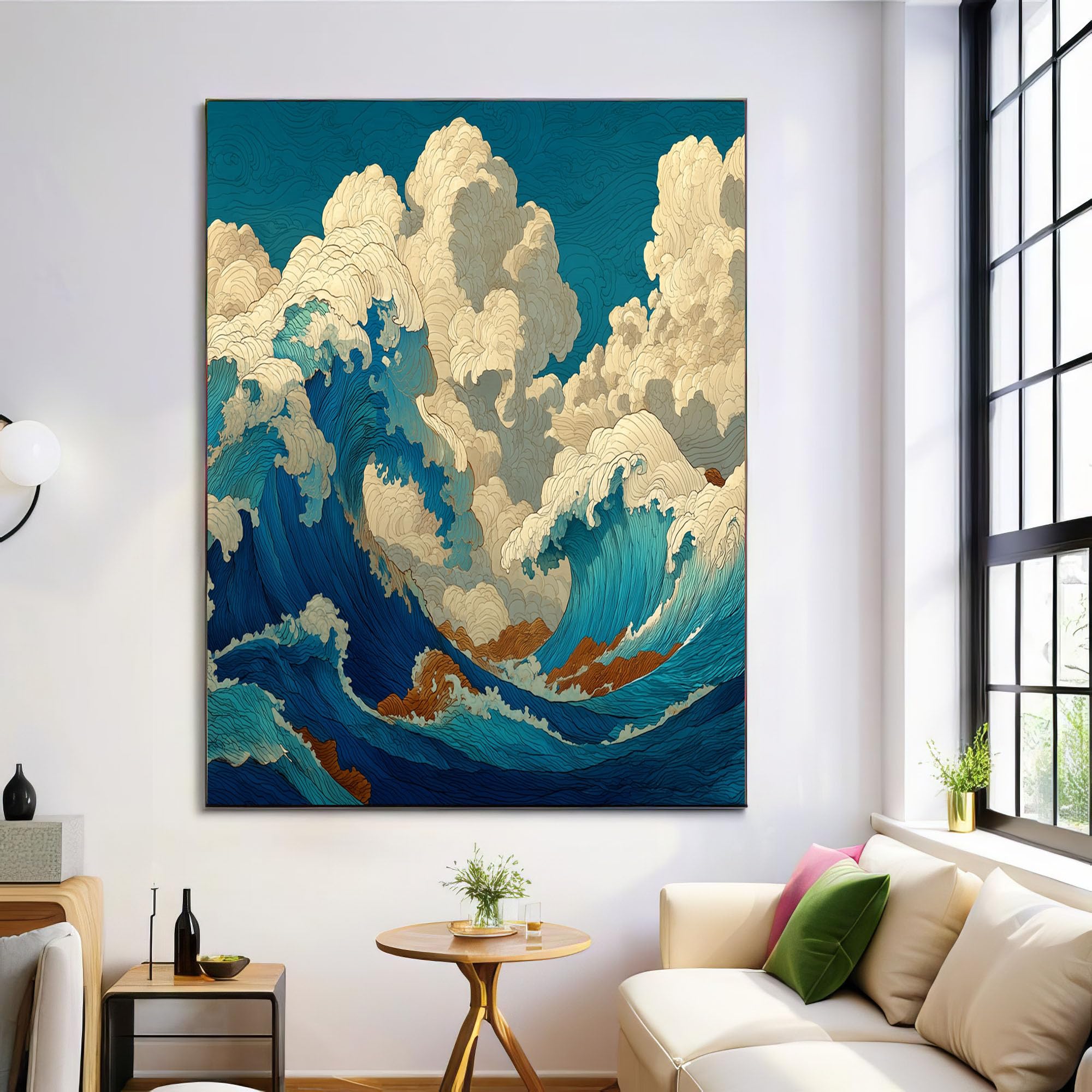 Lienzo de olas estilo Ukiyo-E en azul y blanco para decoración de pared sin marco (50x70 cm) 7