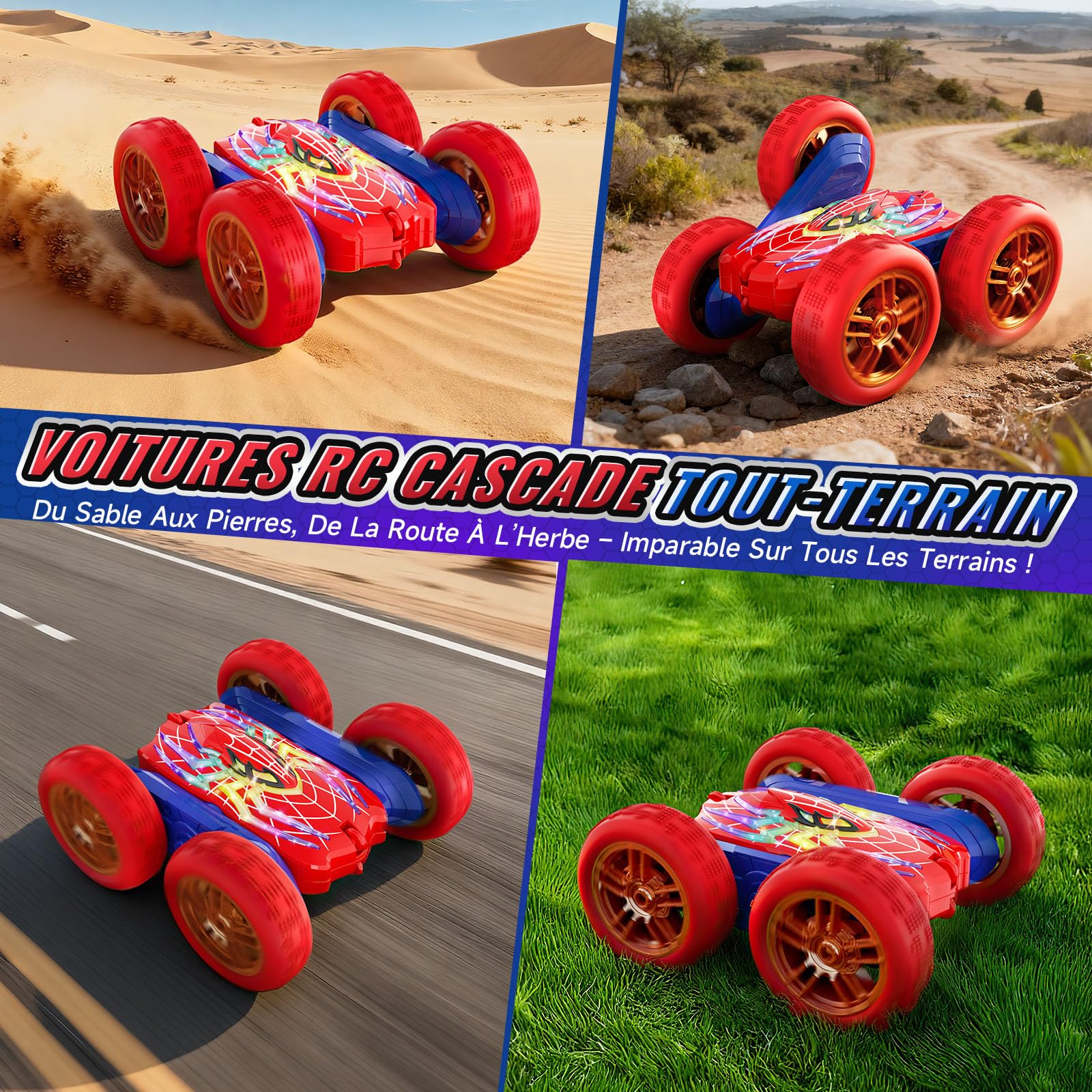 Voiture Telecommandé Enfant, 2.4Ghz 4WD 360° Rotation RC Stunt Monster Truck, 5 Modes Lumineux, Jouet Garçon 3-12 Ans, Cadeau Anniversaire Noel Jeux Intérieur Extérieur 4 5 6 7 8 9 10 11 12 Ans