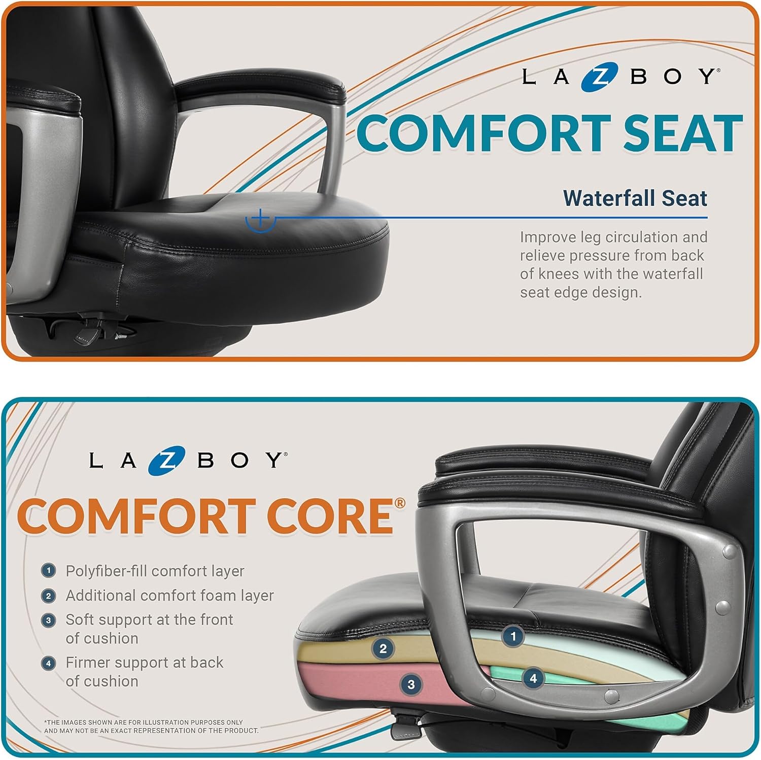 La-Z-Boy Arcadian Ergonomic Executive Chair, Bonded Leather, Black, 29.5D x 28W x 43.25-46.25H inches, 275 lbs Weight Capacity