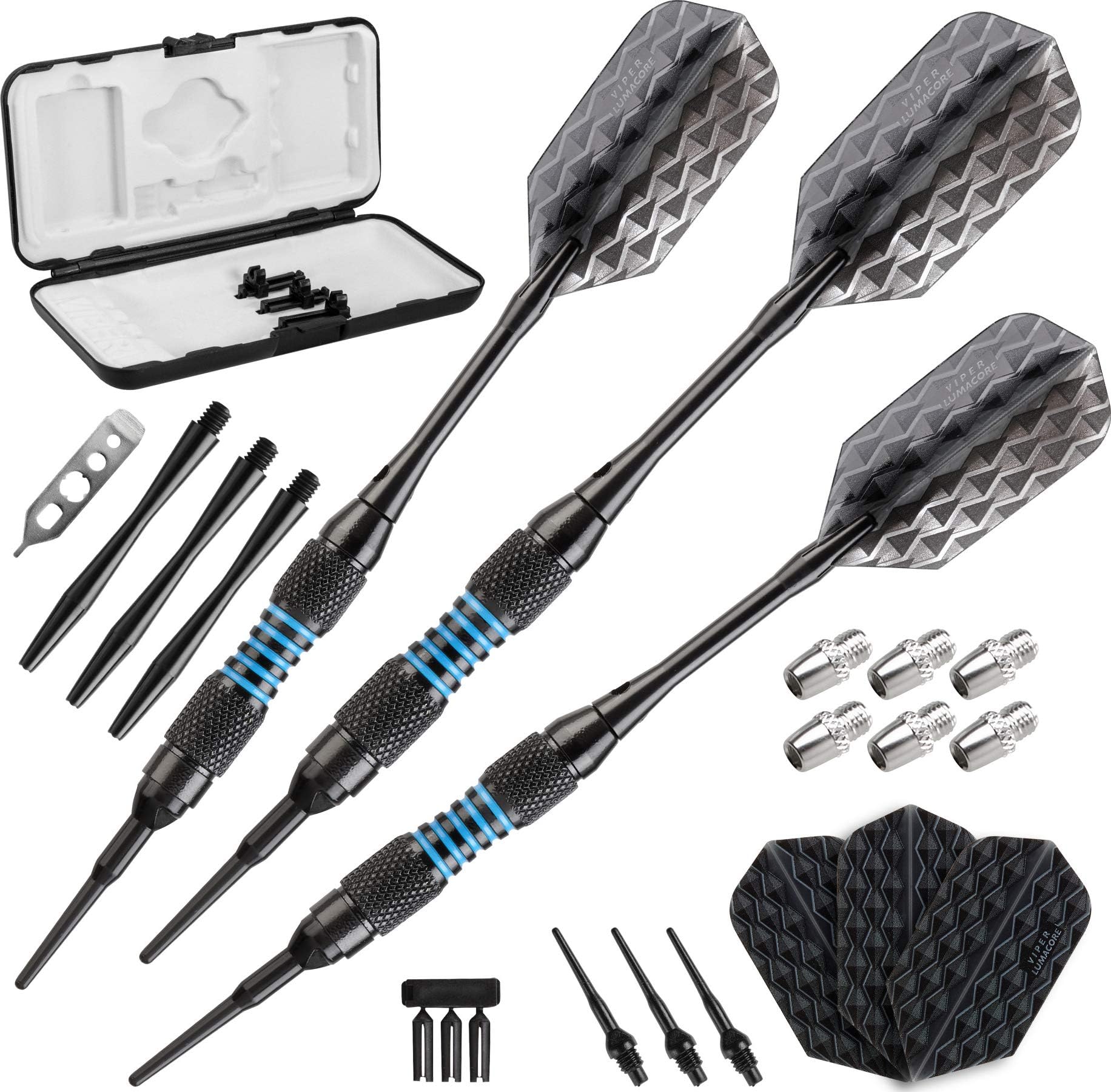 by GLD Products Bobcat Adjustable Weight Soft Tip Dart Set with Case, Black Coated Brass, Blue Rings, 16-18 Grams (20-0916-16)