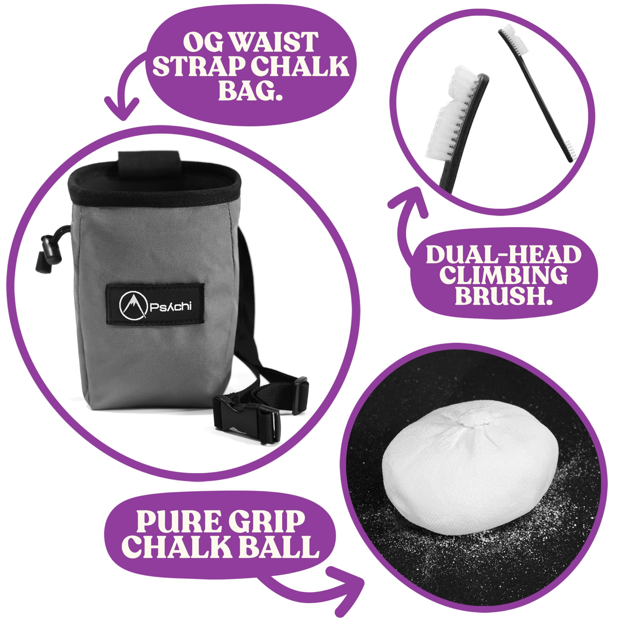 Psychi OG Waist Chalk Bag Starter Pack Bundle for Rock Climbing Bouldering Gym (Grey) - Image 2