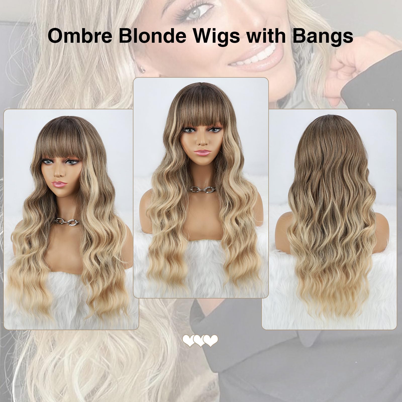Peluca rubia ombré con flequillo, peluca larga rubia para mujer, 26 pulgadas, pelucas de fibra sintética resistente al calor para fiestas diarias 5