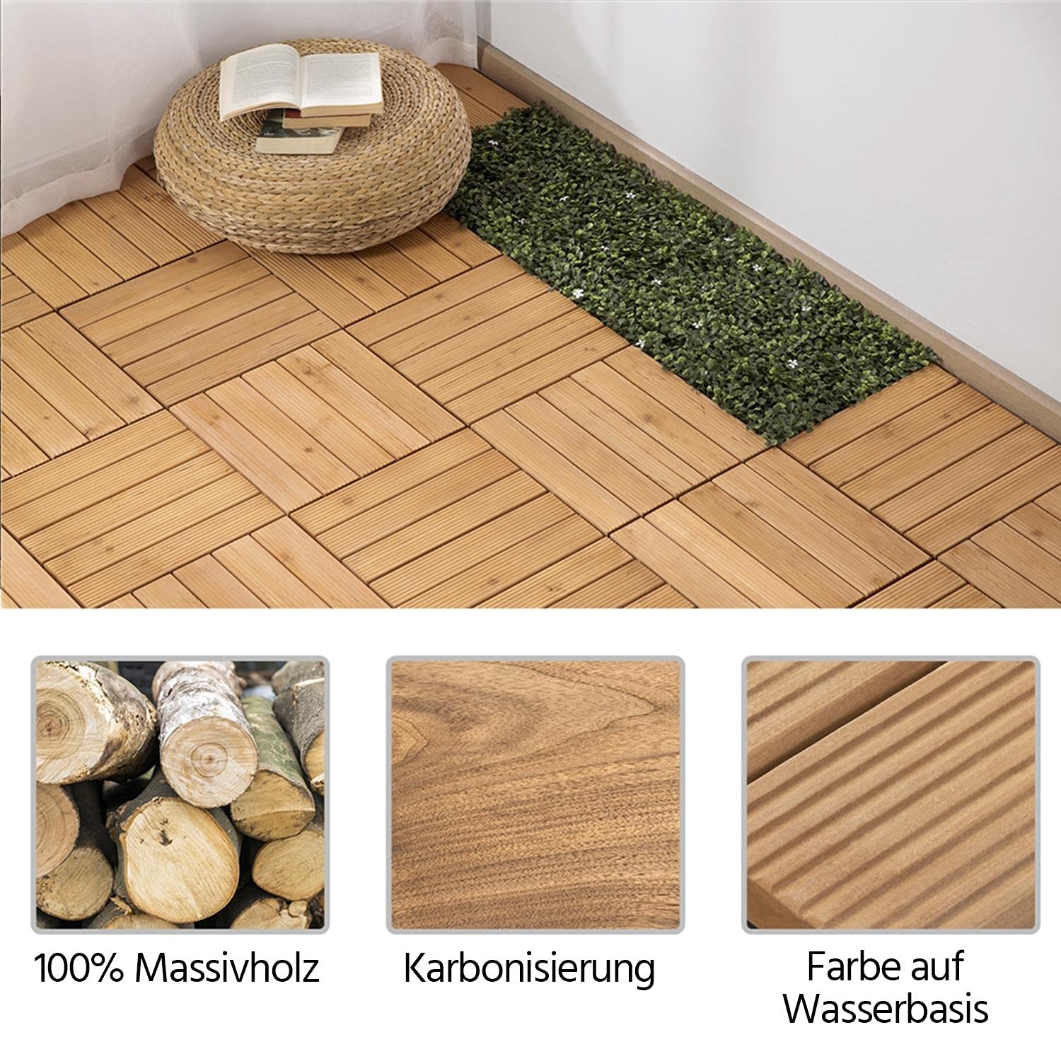 Yaheetech Juego de 27 Piezas Baldosas de Madera de 30 x 30 cm Suelo de Madera Maciza Exterior para Balcón Azulejos de Balcón con Sistema de Drenaje