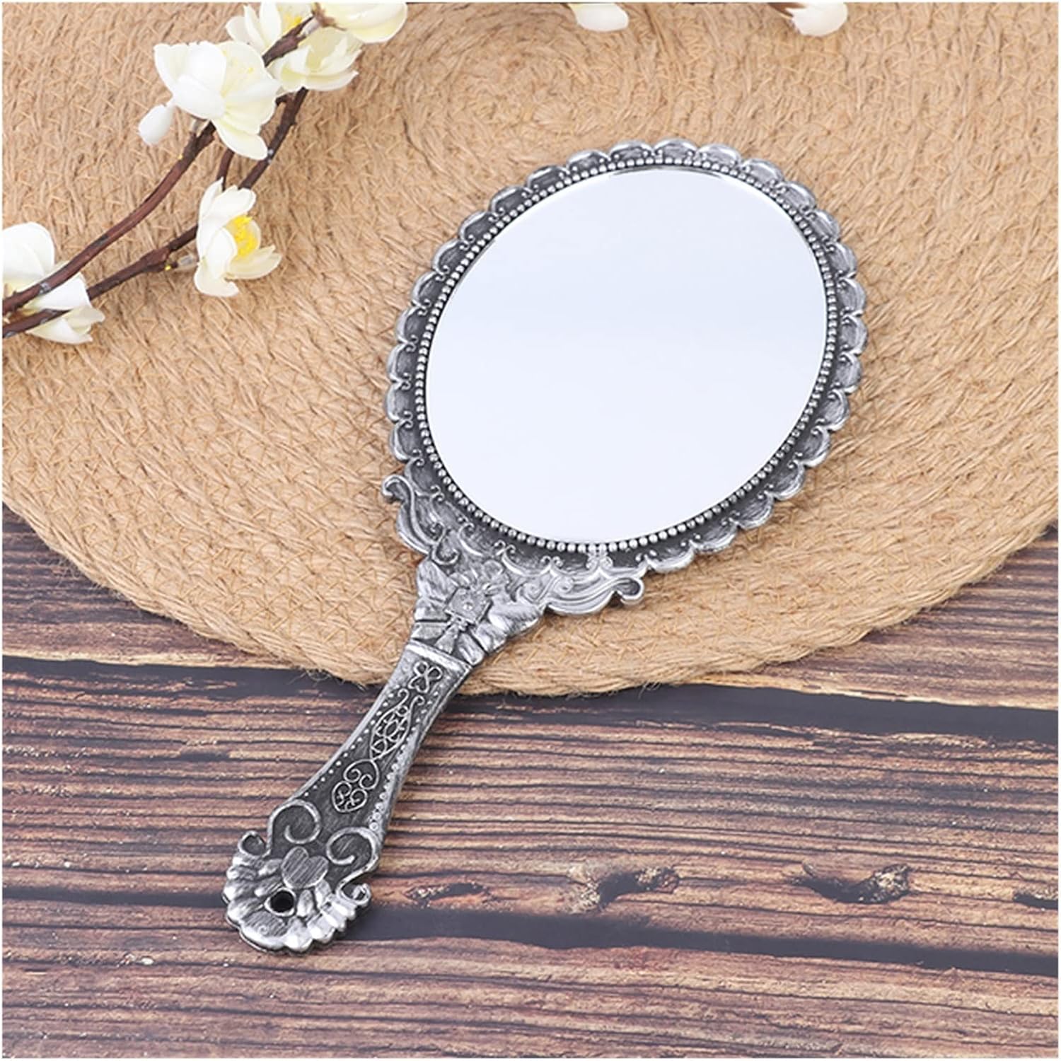 Carved Handheld Vanity Makeup Hand Handle Cosmetic Compact Women