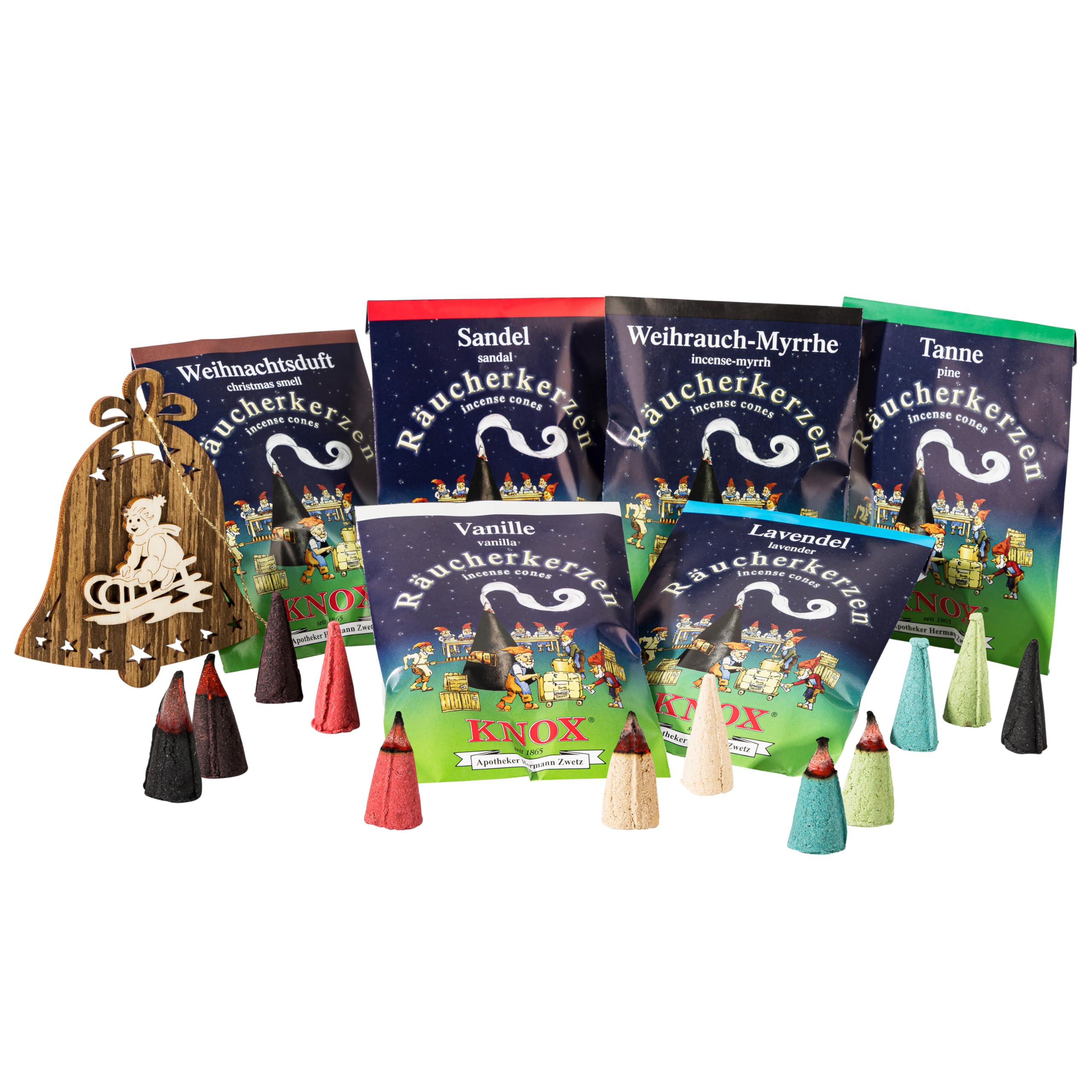 Mamemi Starter Set German Incense Cones – Knox 6 Small Packs (30 Cones) For Smoker Houses & Figurines | Holiday Scent, Frankincense-Myrrh, Sandalwood, Fir, Vanilla, Lavender | With Wooden Ornament