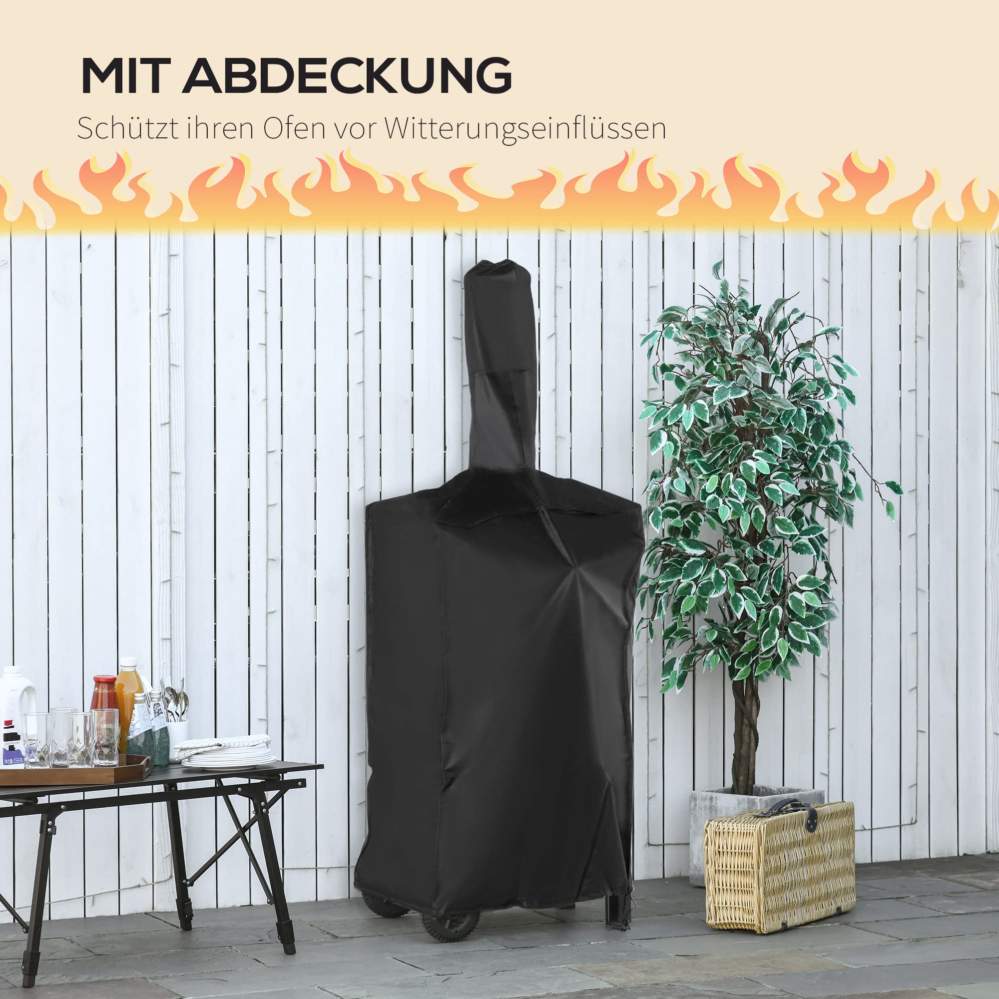 Outsunny 2-In-1 Pizzaofen Outdoor mit Rollen Grillofen Schutzhülle Pizzaschaufel Grillnetzen Grillwagen Schornstein 3-Tier Holzbackofen BBQ Stahl Schwarz Silber 63x54x161 cm