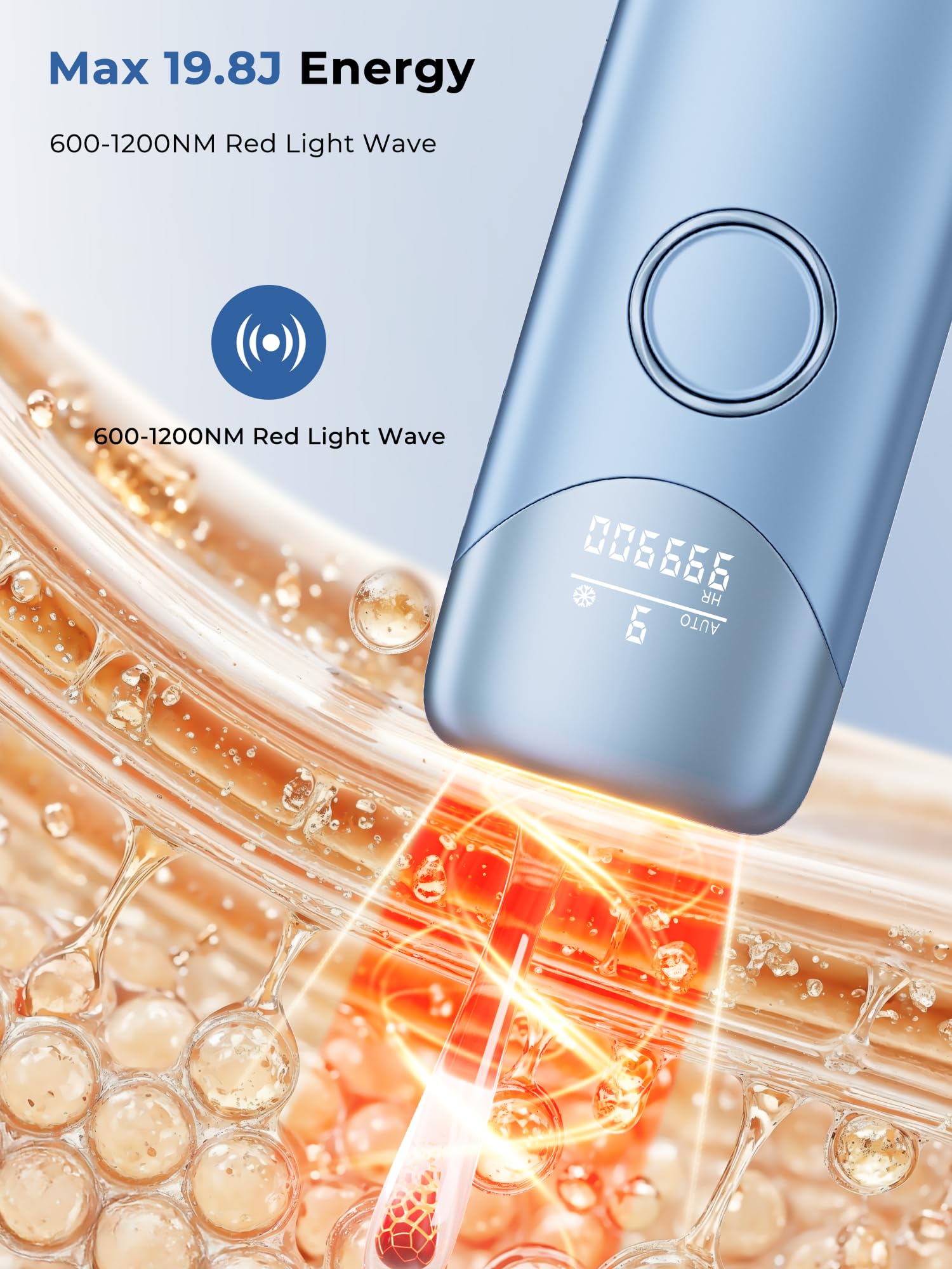 Depilación laser de 19,8 J con función de enfriamiento, 9 niveles de ajuste de energía, onda de luz roja de 600-1200 nm, 999.900 destellos, para mujeres, Azul