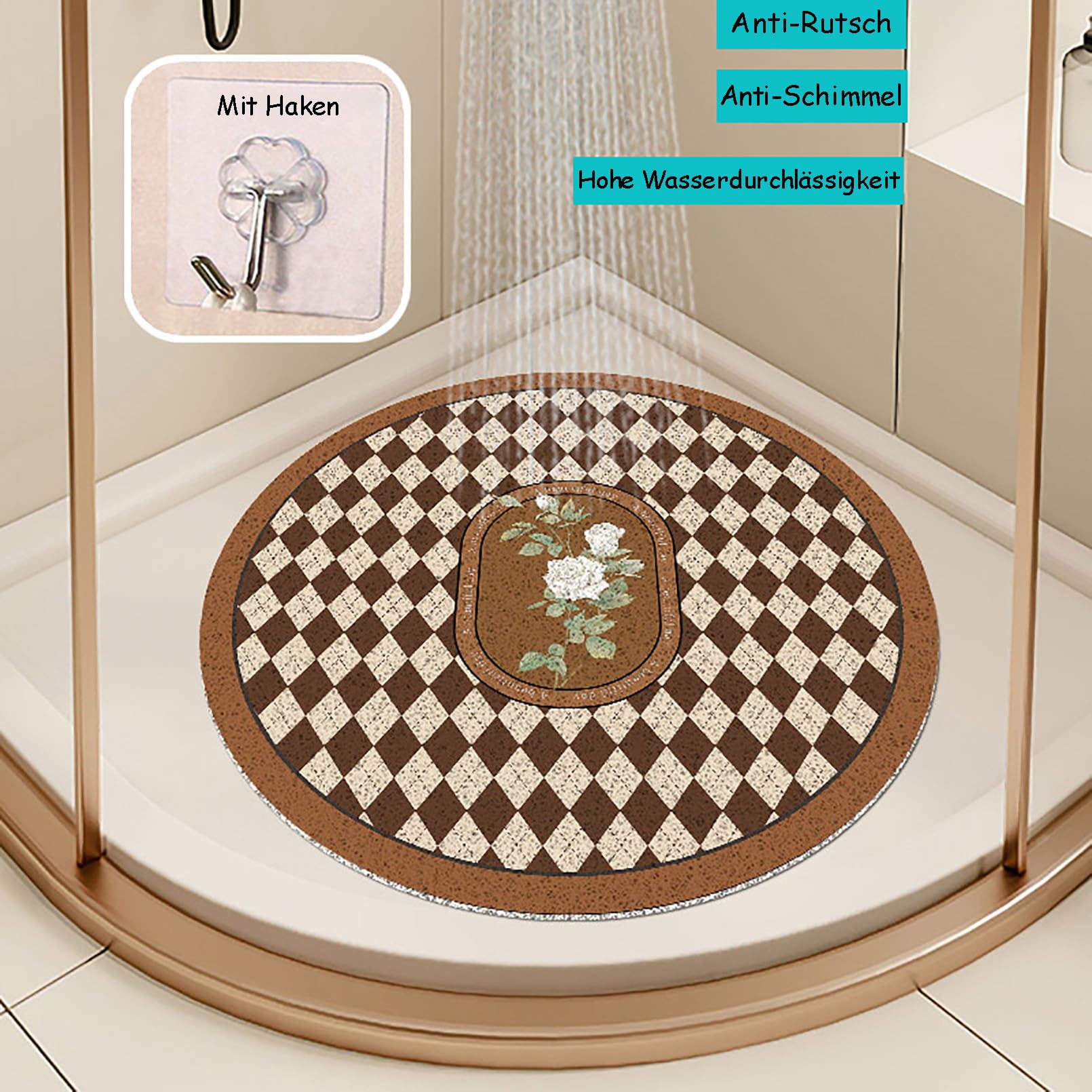 Alfombrilla de ducha redonda de PVC, antideslizante, suave, con gancho, sin BPA, antimoho, de secado rápido, altamente permeable al agua, E, 80 x 80 cm