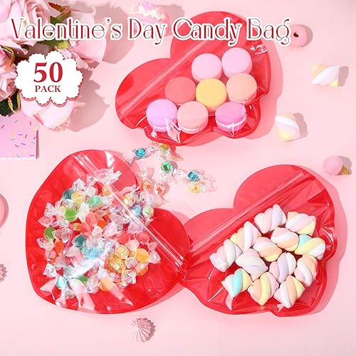 Miniatura 2 de Yexiya 50 bolsas de regalo de San Valentín, bolsas de regalo en forma de corazón, de plástico, para golosinas, contenedores resellables de embalaje