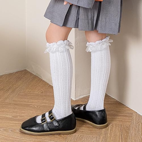 Miniatura 4 de Epeius - Calcetines altos de algodón para bebés y niñas, de uniforme, calcetas con vuelos (Paquete de 3 o 5)