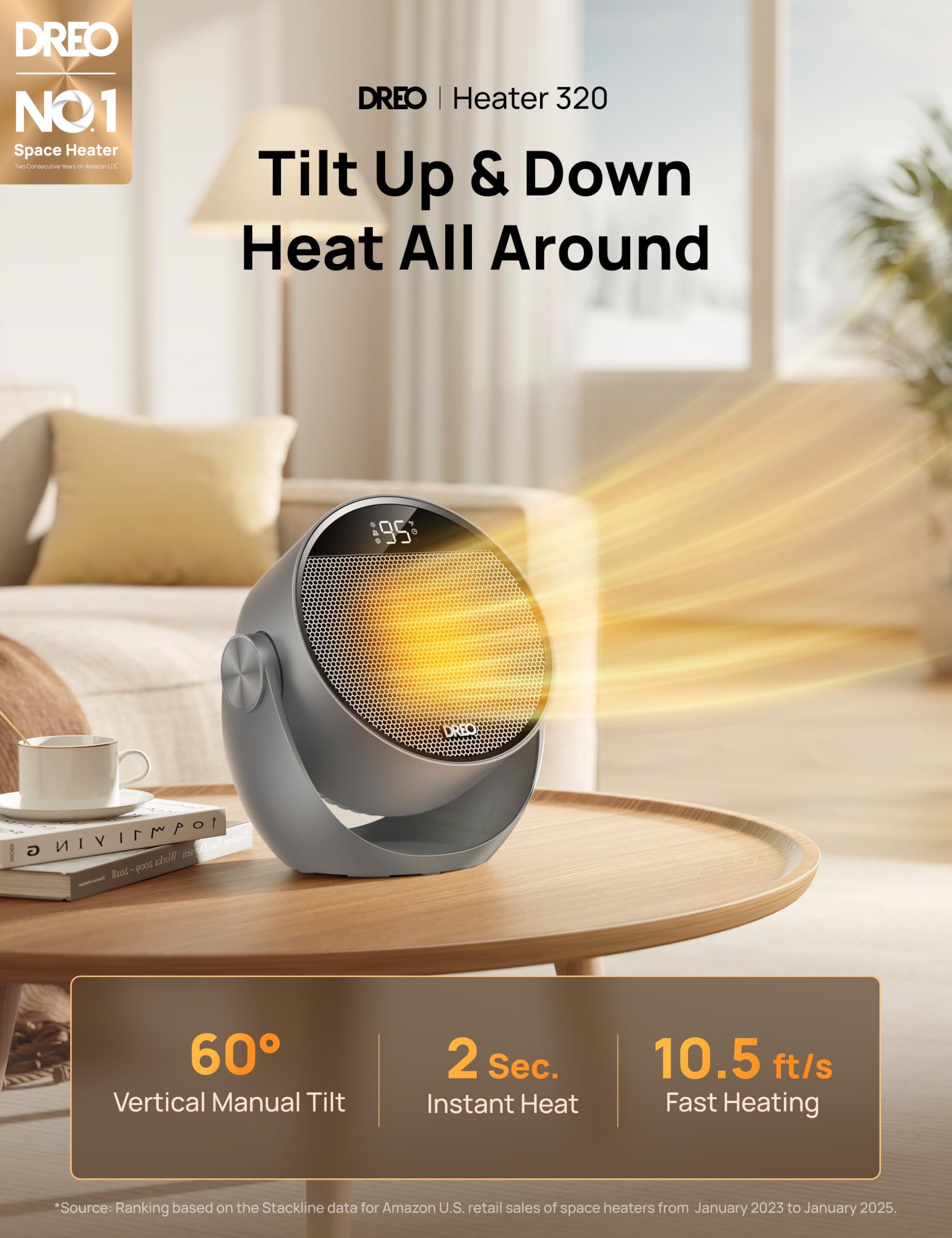 Dreo Calefactor eléctrico 1500W silencioso y de bajo consumo, portátil con mando y termostato, inclinación 60°, 8 sistemas de seguridad, cerámica PTC, temporizador 12h, 3 modos y 3 velocidades