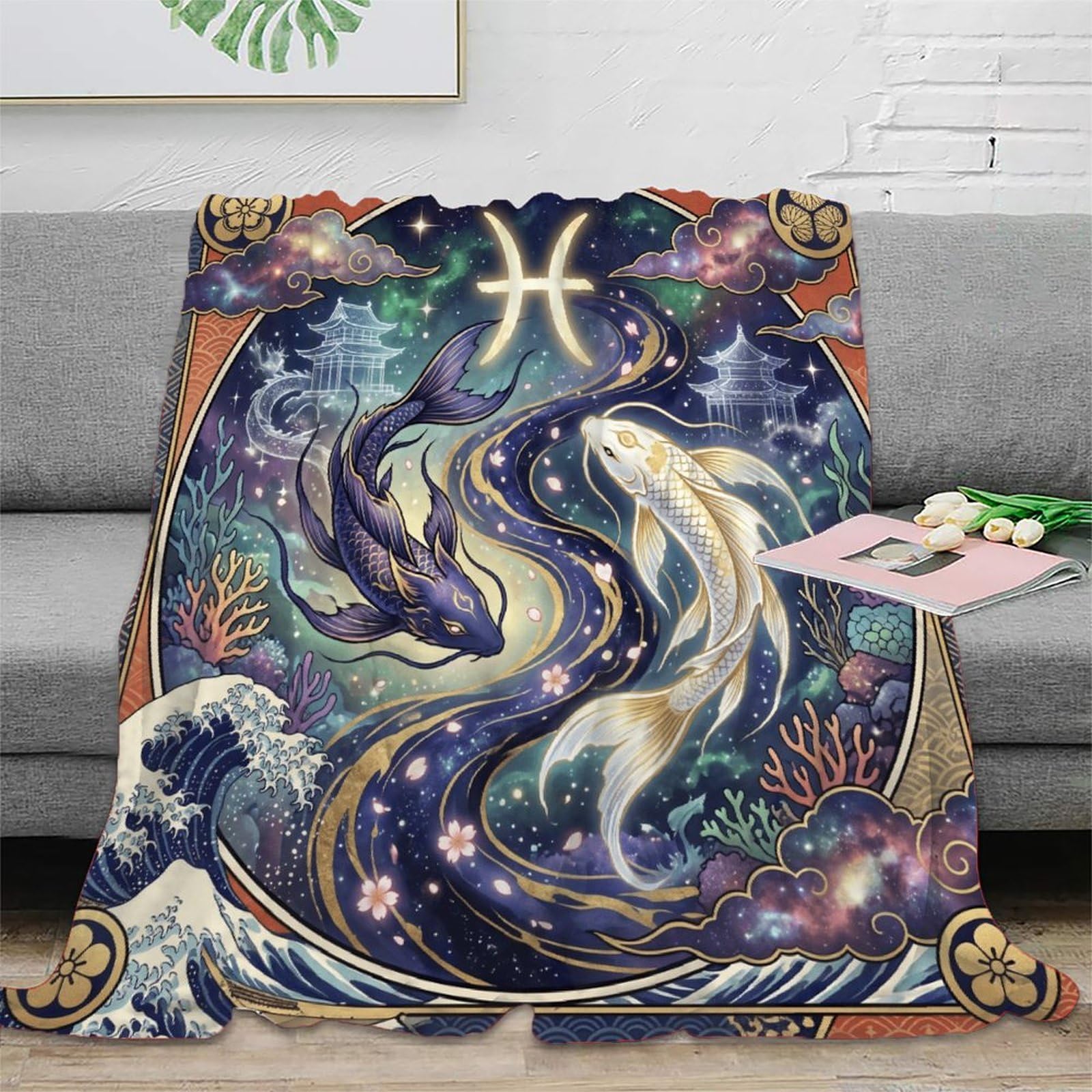 W7C8U2X3 Pisces Zodiac Japanese Koi Warm Throw Blanket, Camping Car Travel