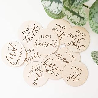 Baby First Milestone Cards - 10 Wooden Photoshoot Props Baby First Milestones - Bath, Smile, Tooth, Sitting, Crawling, Steps, Haircut, Baby Girl or Baby Boy Newborn Baby Shower Gifts