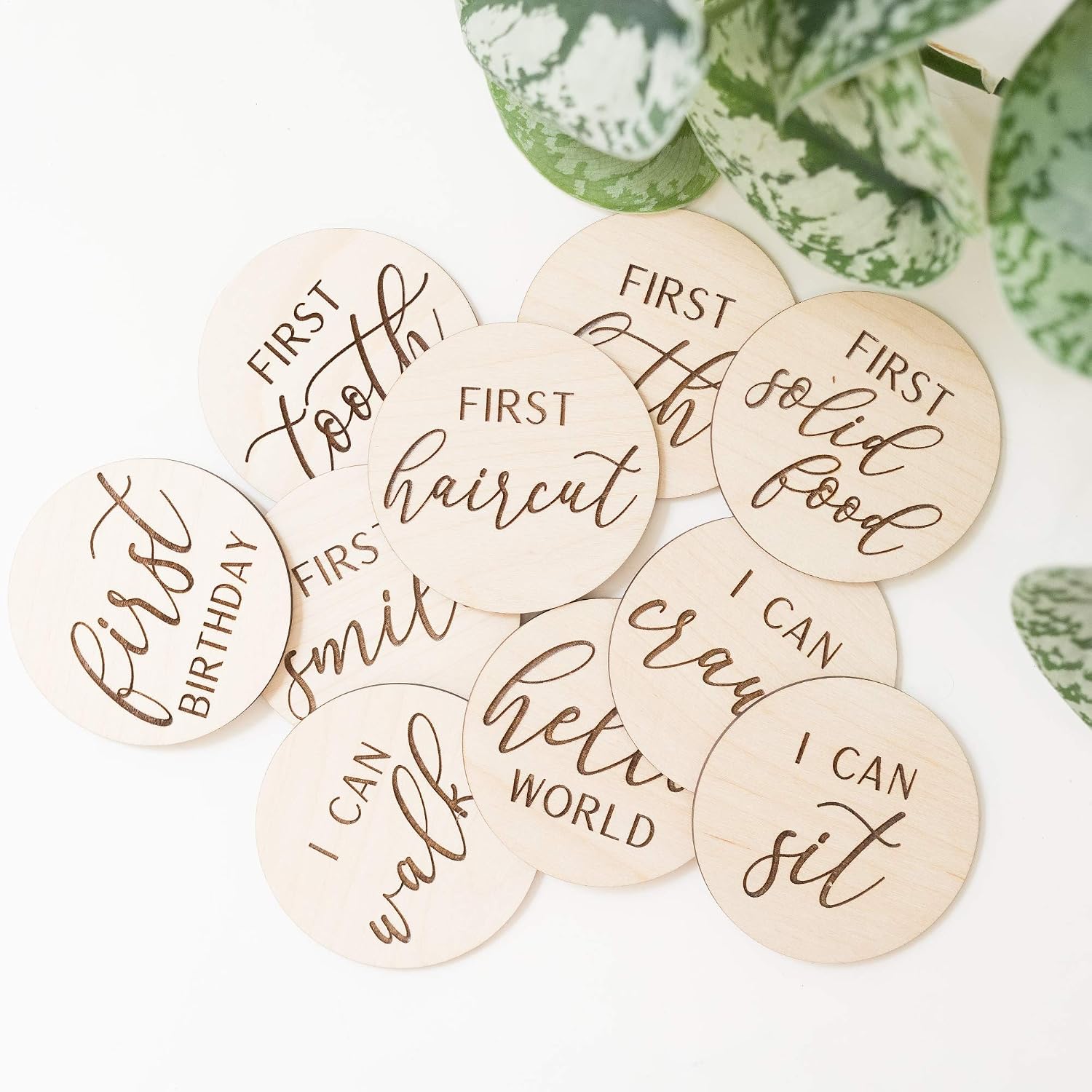 White Loft Baby First Milestone Cards - 10 Wooden Photoshoot Props Baby First Milestones - Bath, Smile, Tooth, Sitting, Crawling, Steps, Haircut, Baby Girl or Baby Boy Newborn Baby Shower Gifts