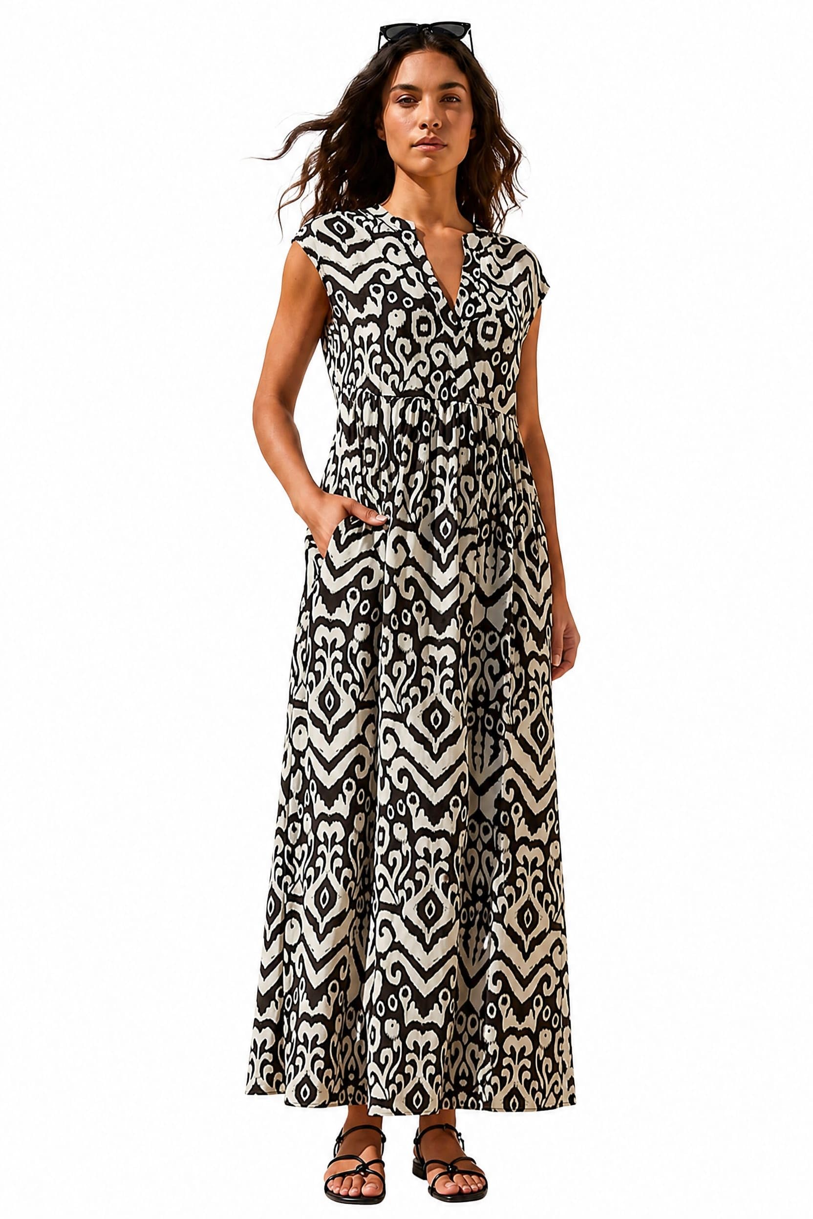 Roman Aztec Print Midi Smock Dress for Women UK - Ladies Spring Everyday Summer Holiday V-Neckline Comfy Sleeveless Soft Frill Hem Frock Vacation Gowns - Black - Size 18