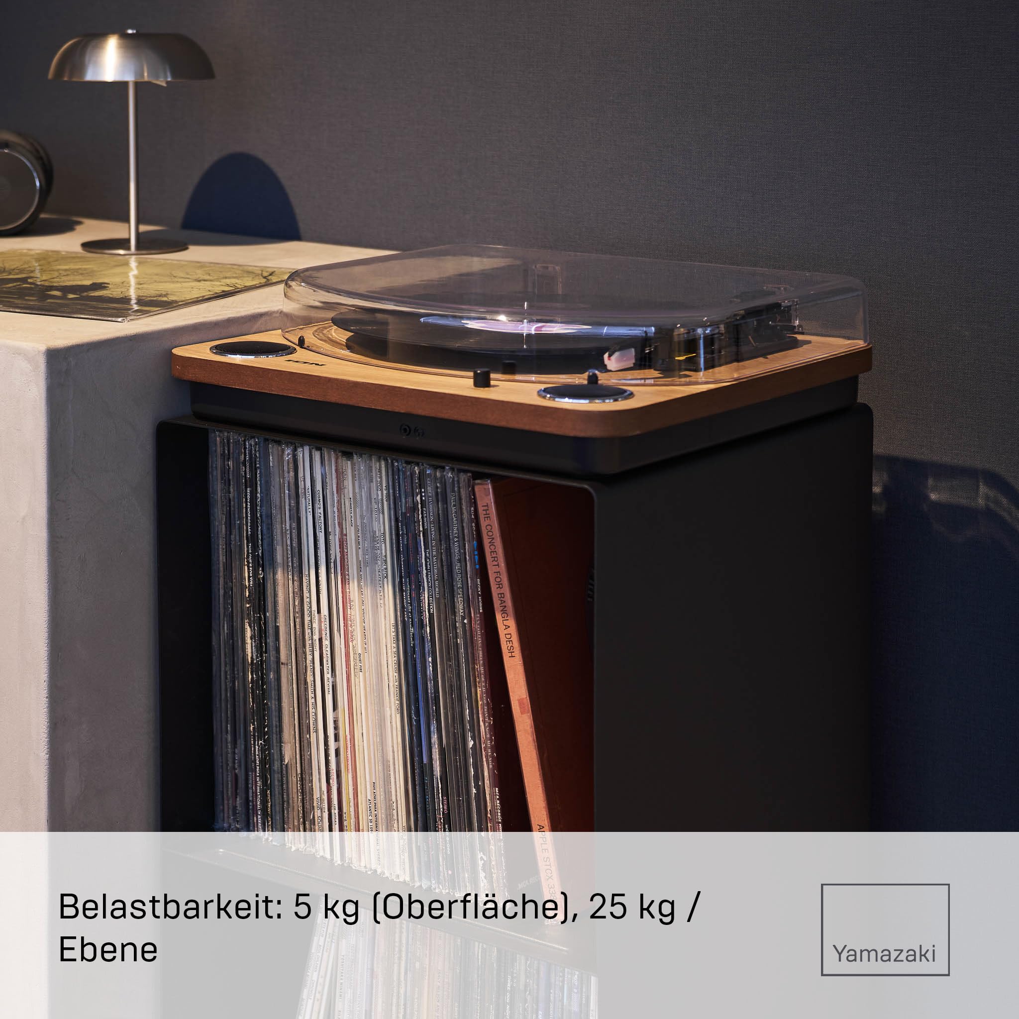 YAMAZAKI 10230 TOWER 2-stöckiges Schallplatten-Regal mit Rollen, schwarz, Stahl/Nylon, minimalistisch, 40 x 38 x 73,3 cm (L x B x H)