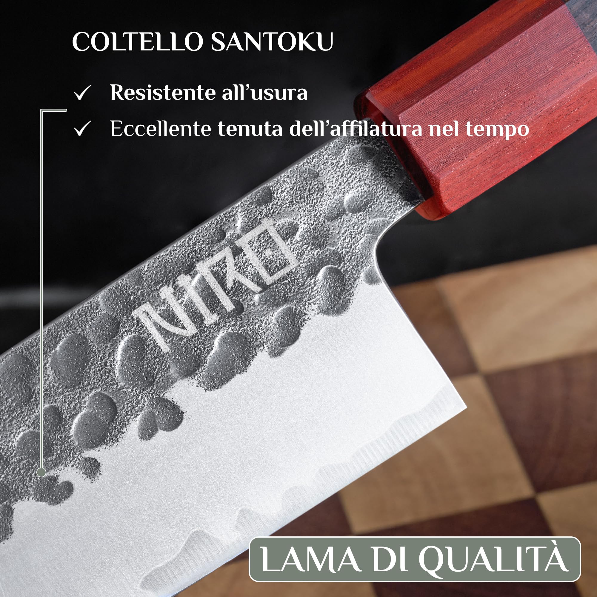 NIRO Coltello Professionale Giapponese Santoku in Acciaio Damascato, 67 Strati, Durezza 60 HRC, Manico Pregiato in Ebano e Sandalo, Bilanciamento perfetto, Resistente all’usura
