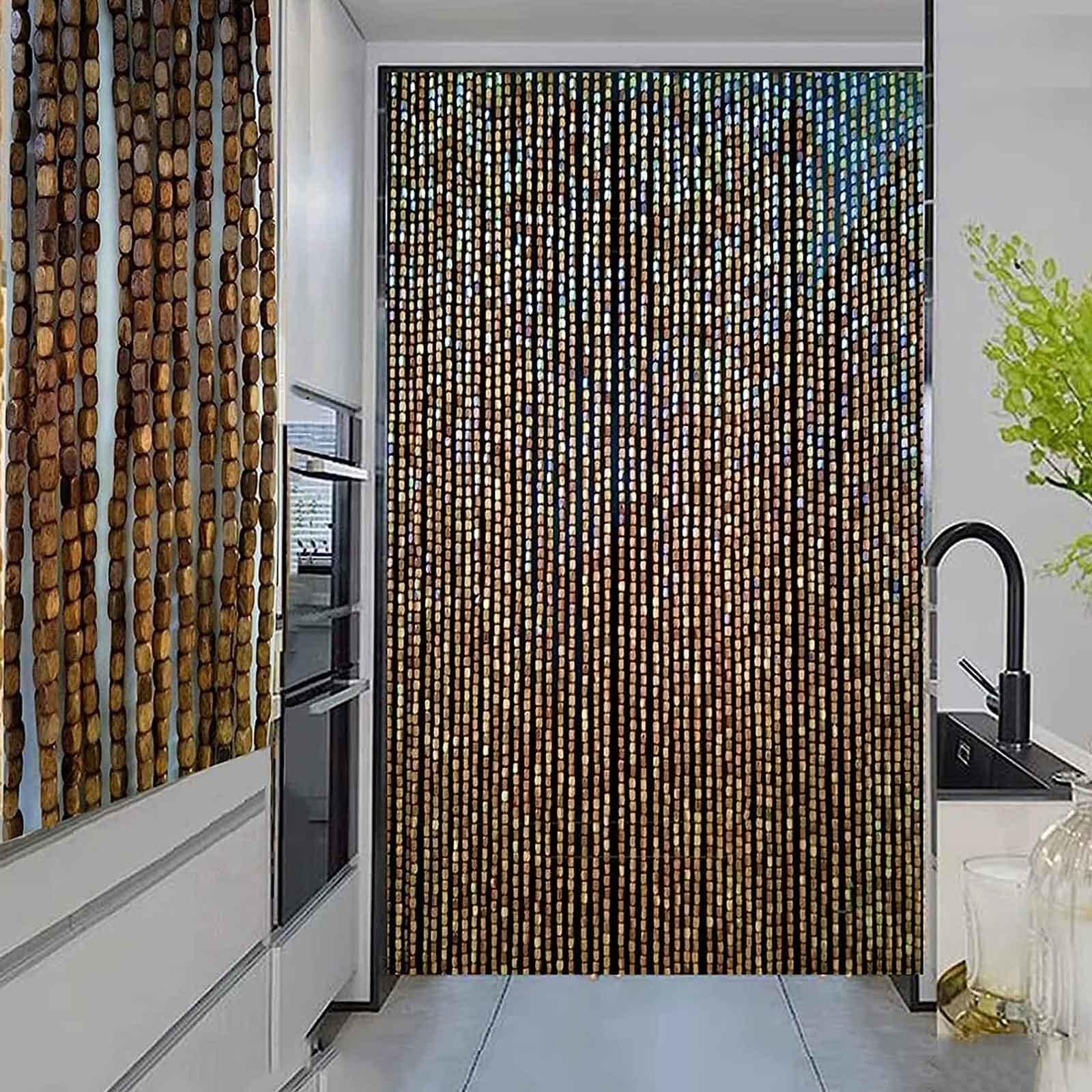 Rideaux De Perles Suspendus,Rideaux De Perles en Bois De Bambou Naturel,Rideau De Porte Perles Brins,Panneaux De Anti Mouche,Faits À La Main,Pour Patio, Cuisine, Balcon,W×H-100strands(100×210cm)