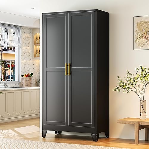 Miniatura 9 de Armario alto de almacenamiento de 75.2 pulgadas, gabinetes de despensa con 2 puertas y 5 estantes ajustables, gabinete de cocina negro, gabinetes de